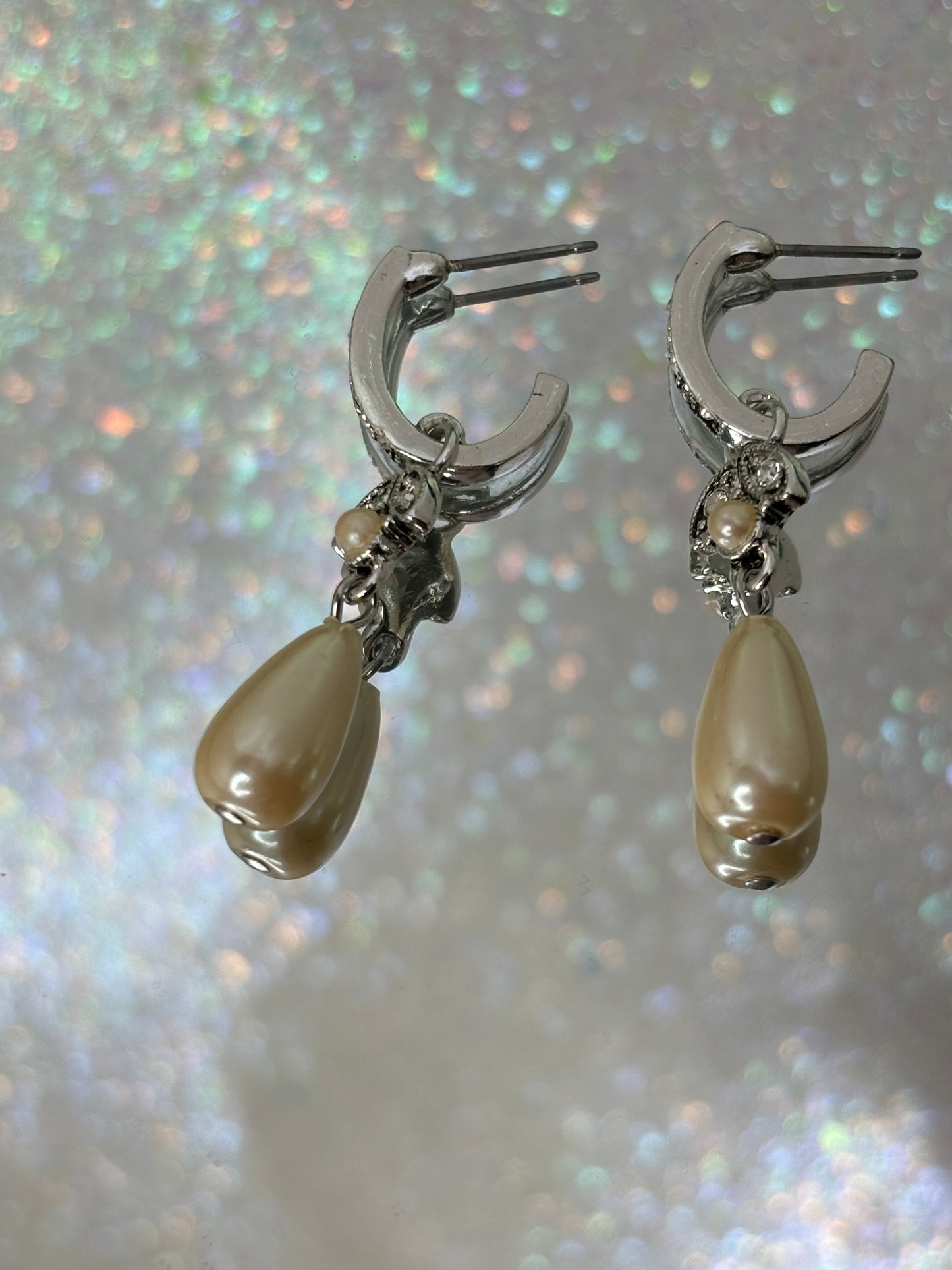 A009 Pearl Drop Silver Toned Earrings 2”