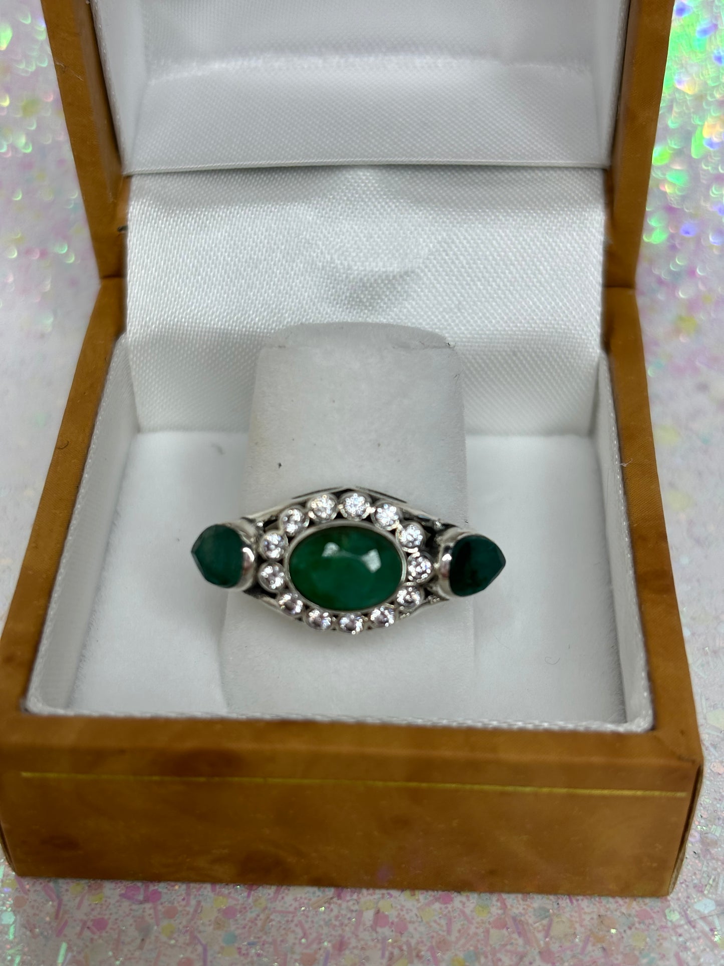 Sterling Silver 1.55 ct Natural Emerald Past Present Future Ring Sz 6.75