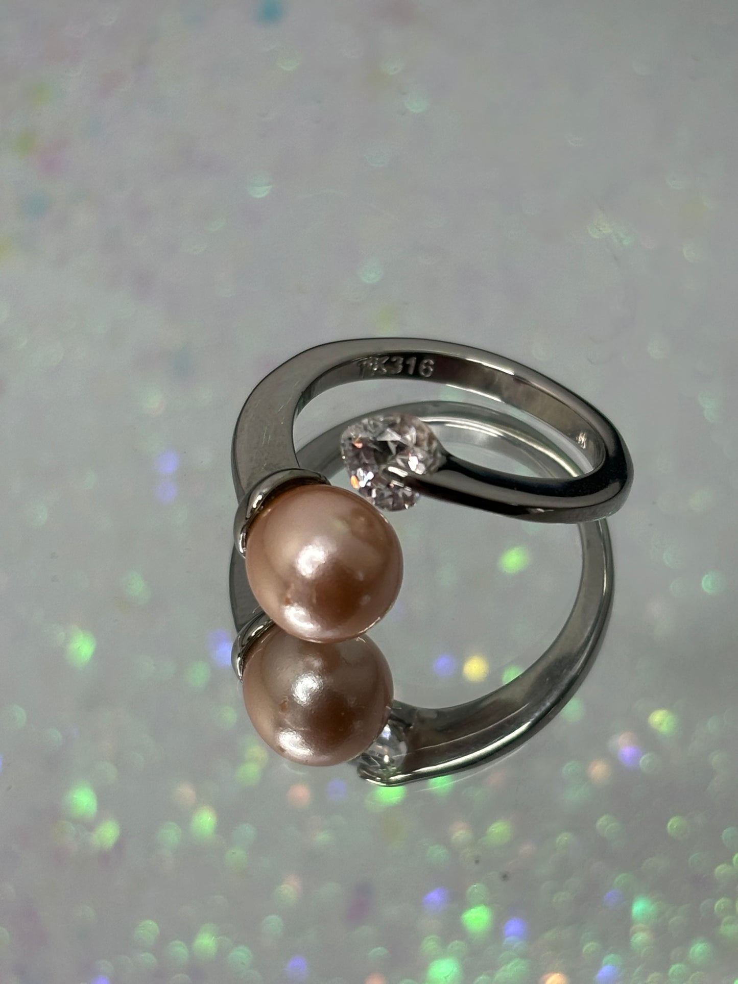 A023 Stainless Steel 0.5ct Topaz and Peach Pearl Ring 5.5