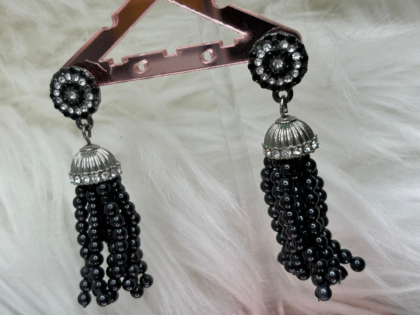 A151 Black Beaded Tassel Silver Tone Earrings