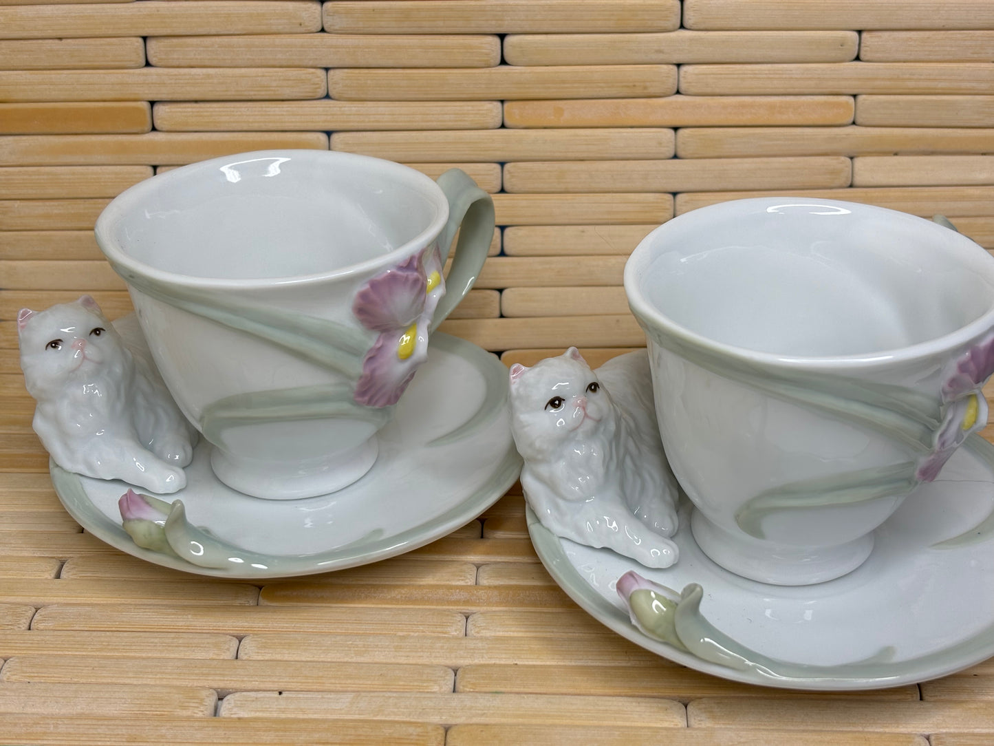 Set of Persian Cat with Iris Flower Tea Cups Ceramic