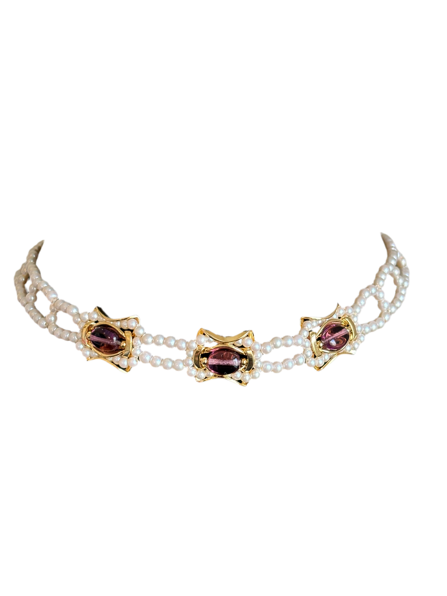 #0013 Gold Toned and Pearl Choker with Purple Glass Beads