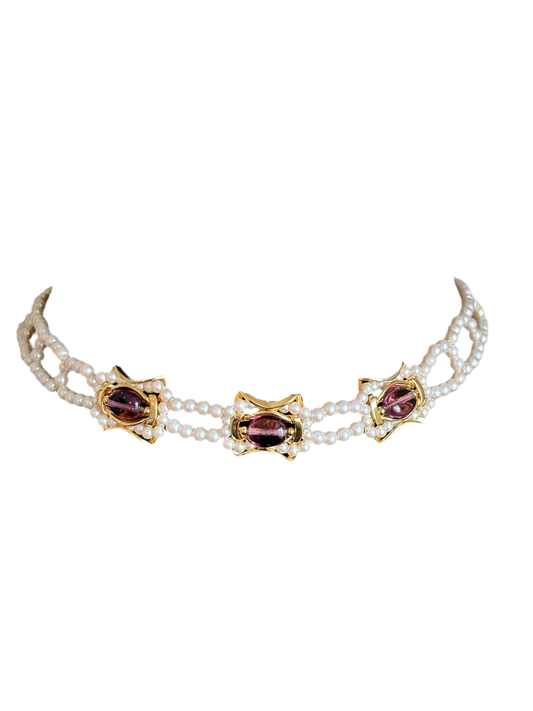 #0013 Gold Toned and Pearl Choker with Purple Glass Beads