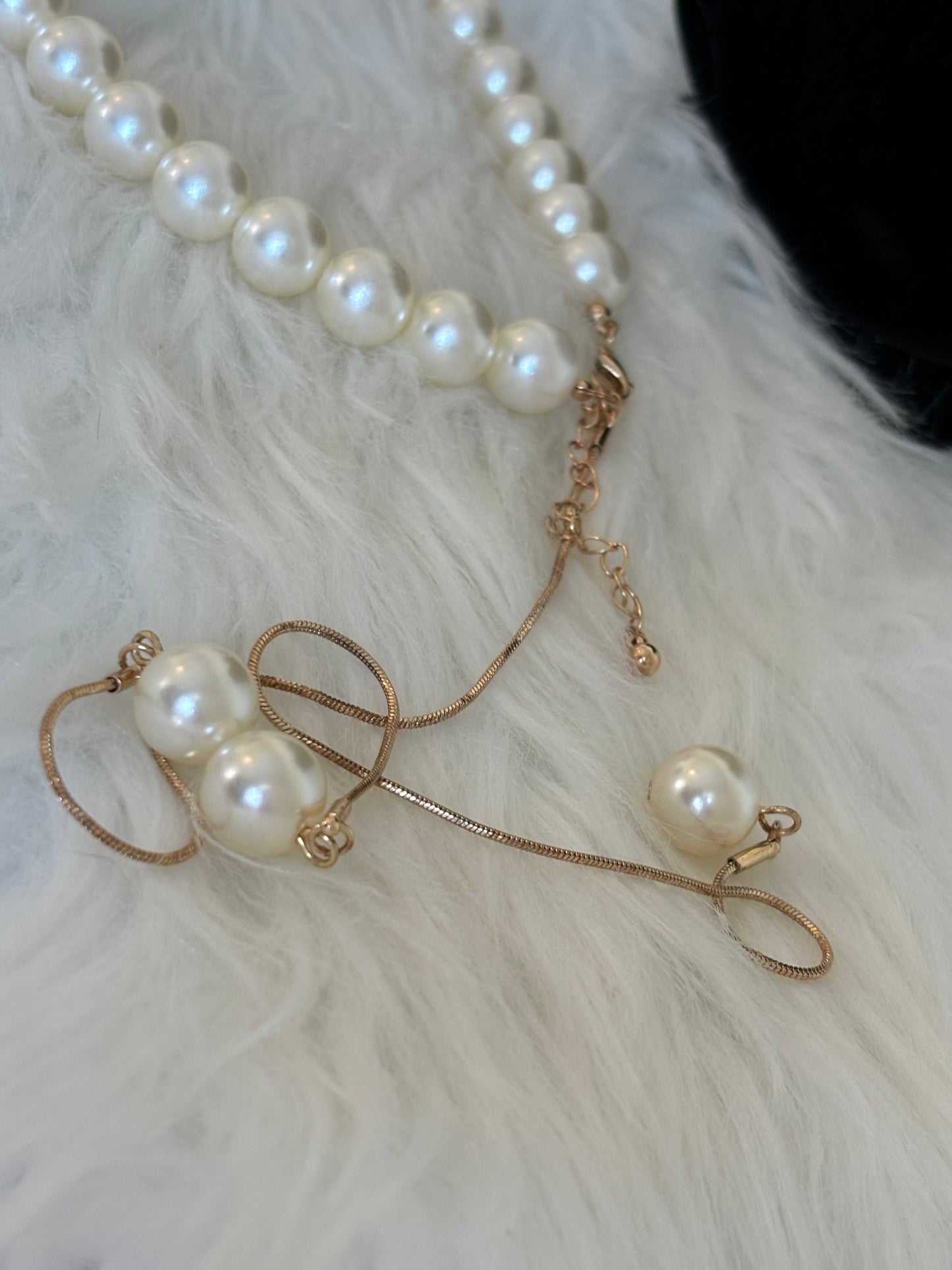 #0106 Faux Pearl Necklace with Long Gold Chain Drop on Back