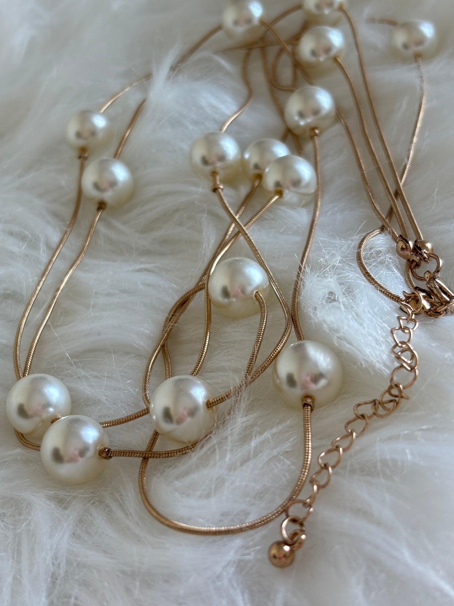 #0002 36” Gold Tones Pearl Two Layered Necklace