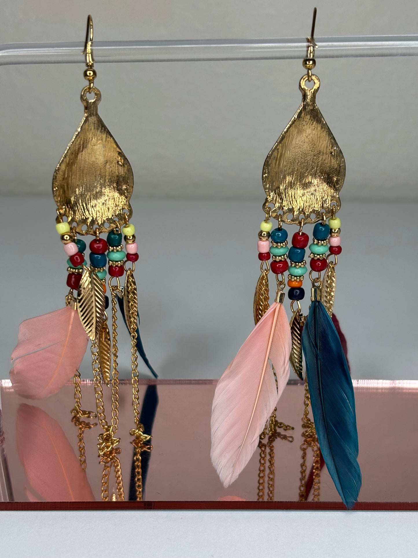 B038 Long 4” Gold Tone and Feather Earrings