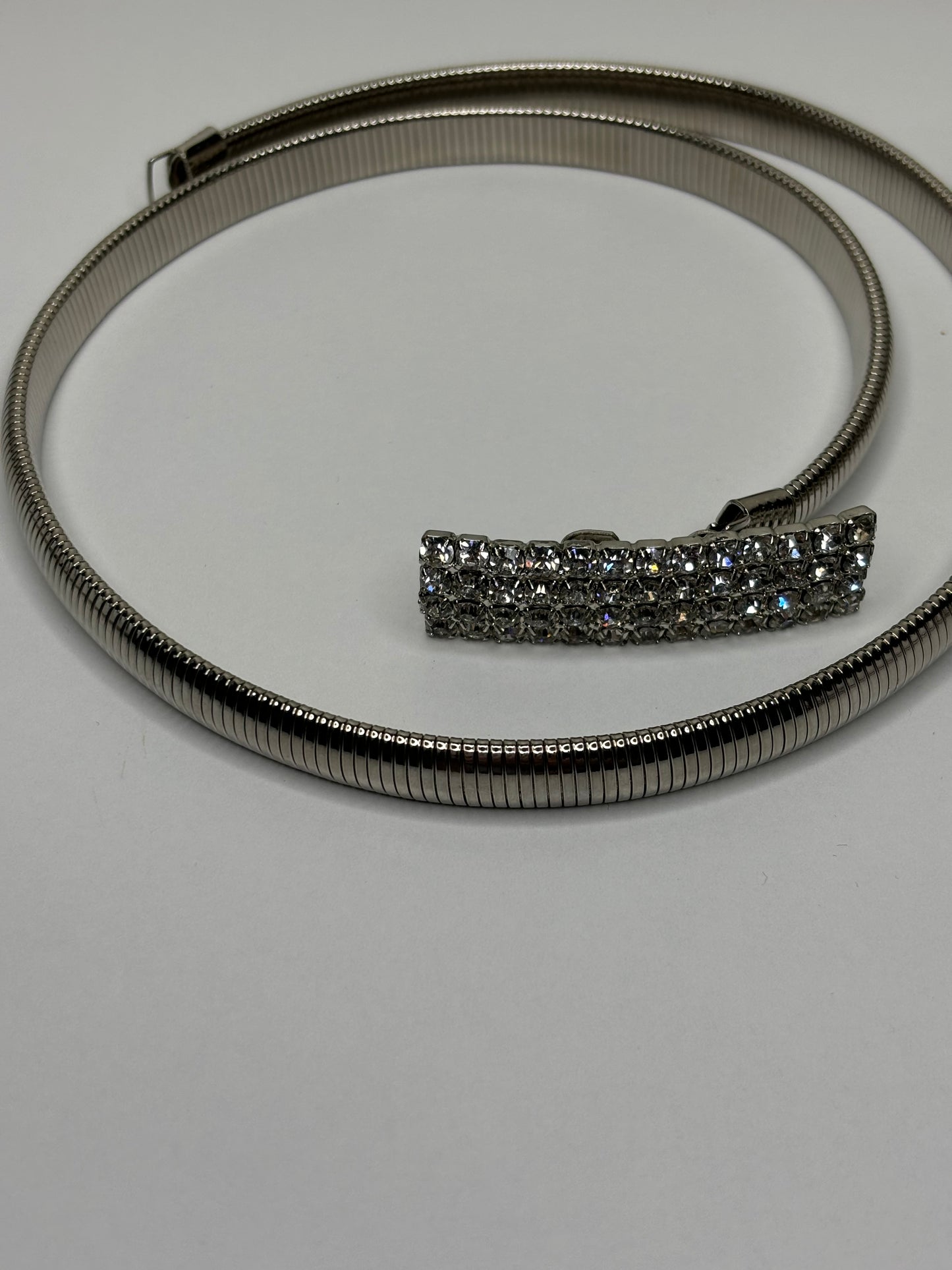 Stretch Clip Silver Toned Belt With Rhinestone Clasp