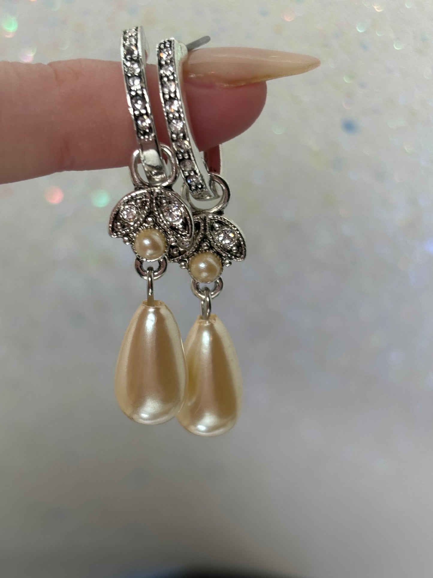 A009 Pearl Drop Silver Toned Earrings 2”