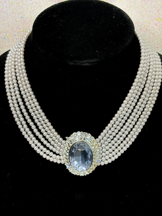 #0006 Stunning Pearl and Large Light Blue Crystal Necklace