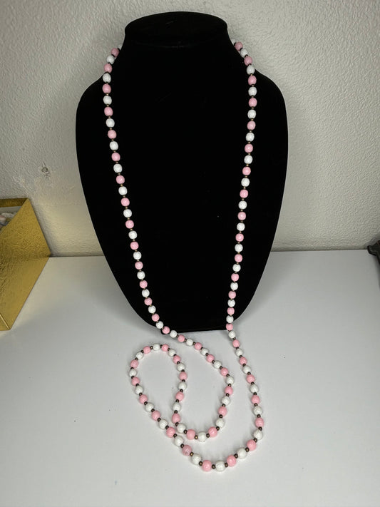 Vintage Long Pink & White Beaded Necklace 54”