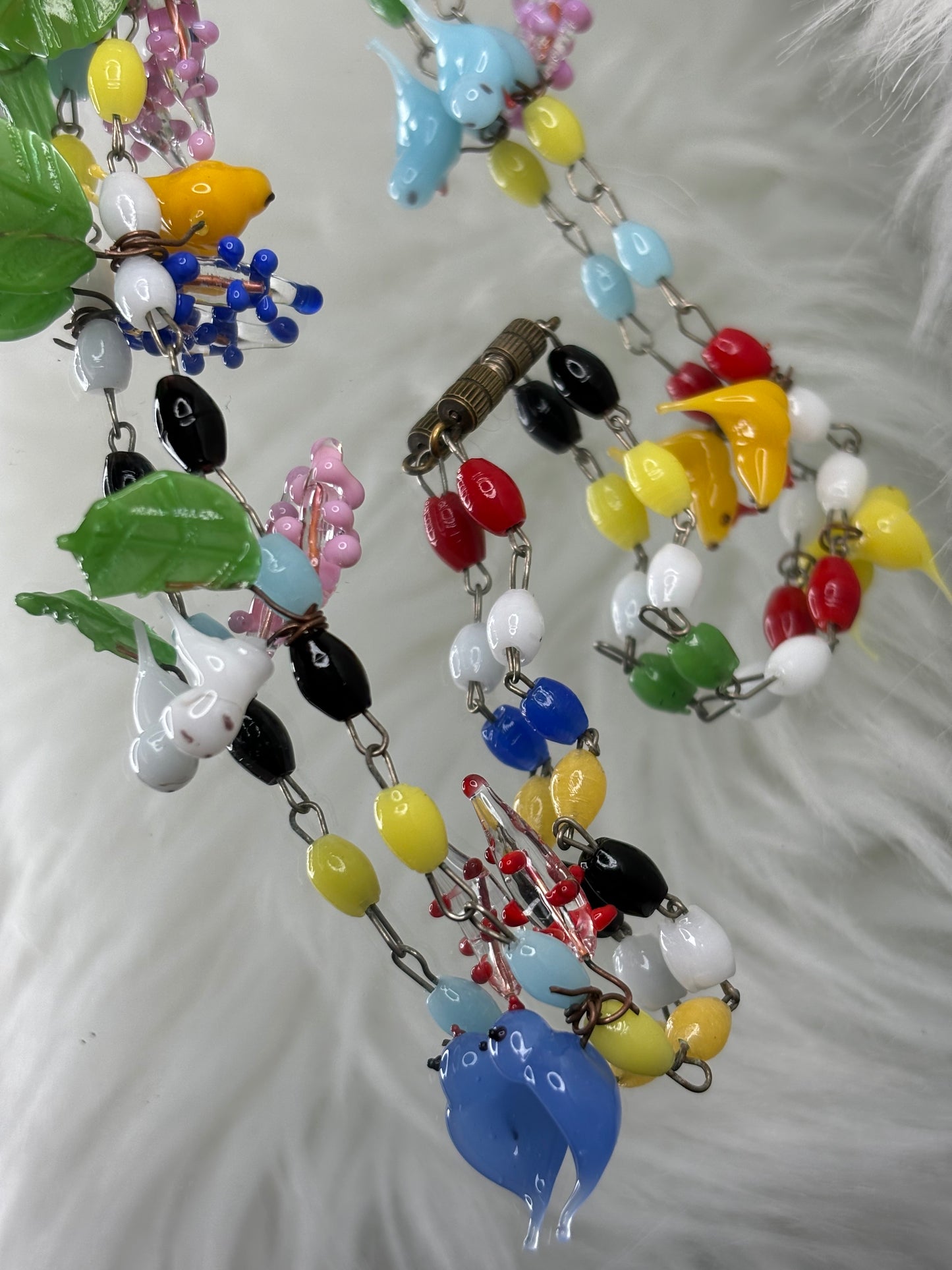 A142 Vintage Murano Glass Colorful Birds - Leaves - and Blossoms Necklace c1930s