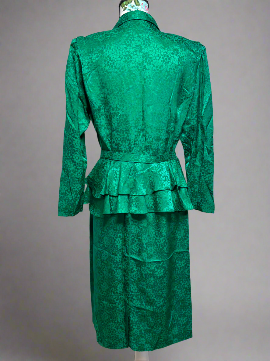 C008 80's Vintage 3pc Bright Green Silk Skirt Suit with Matching Belt by Argenti Size 12