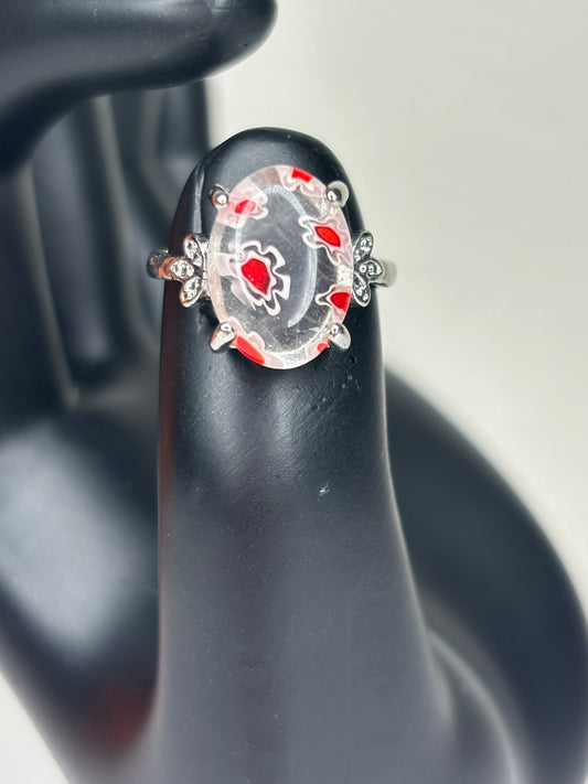 B032 Red and Clear Glass Fashion Ring Sz 5.25