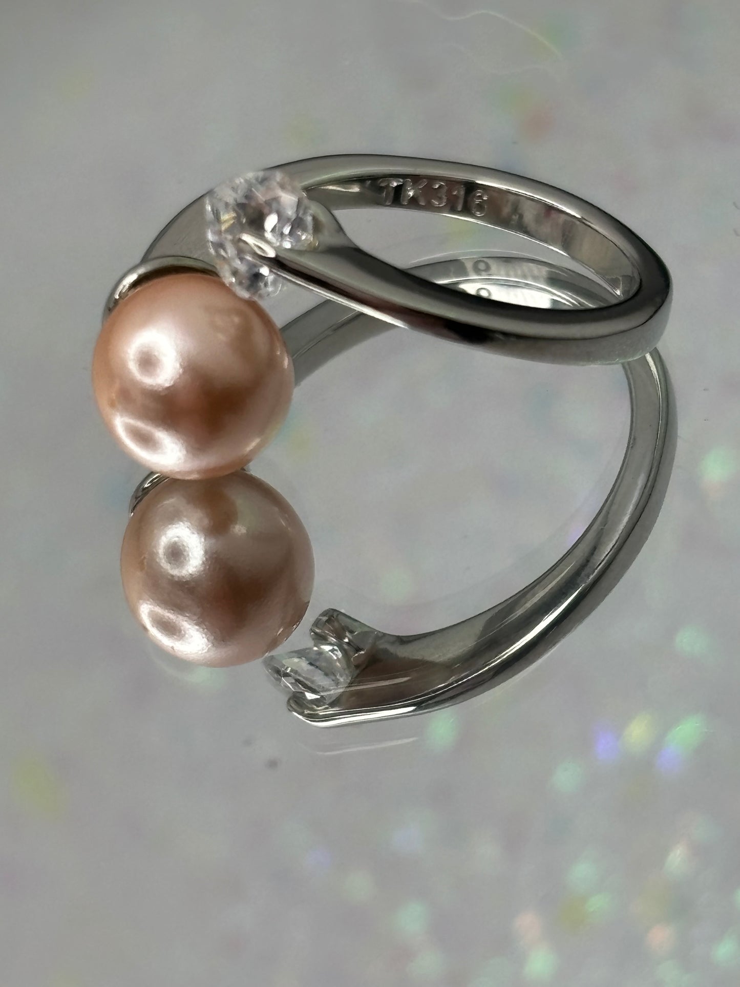 A023 Stainless Steel 0.5ct Topaz and Peach Pearl Ring 5.5