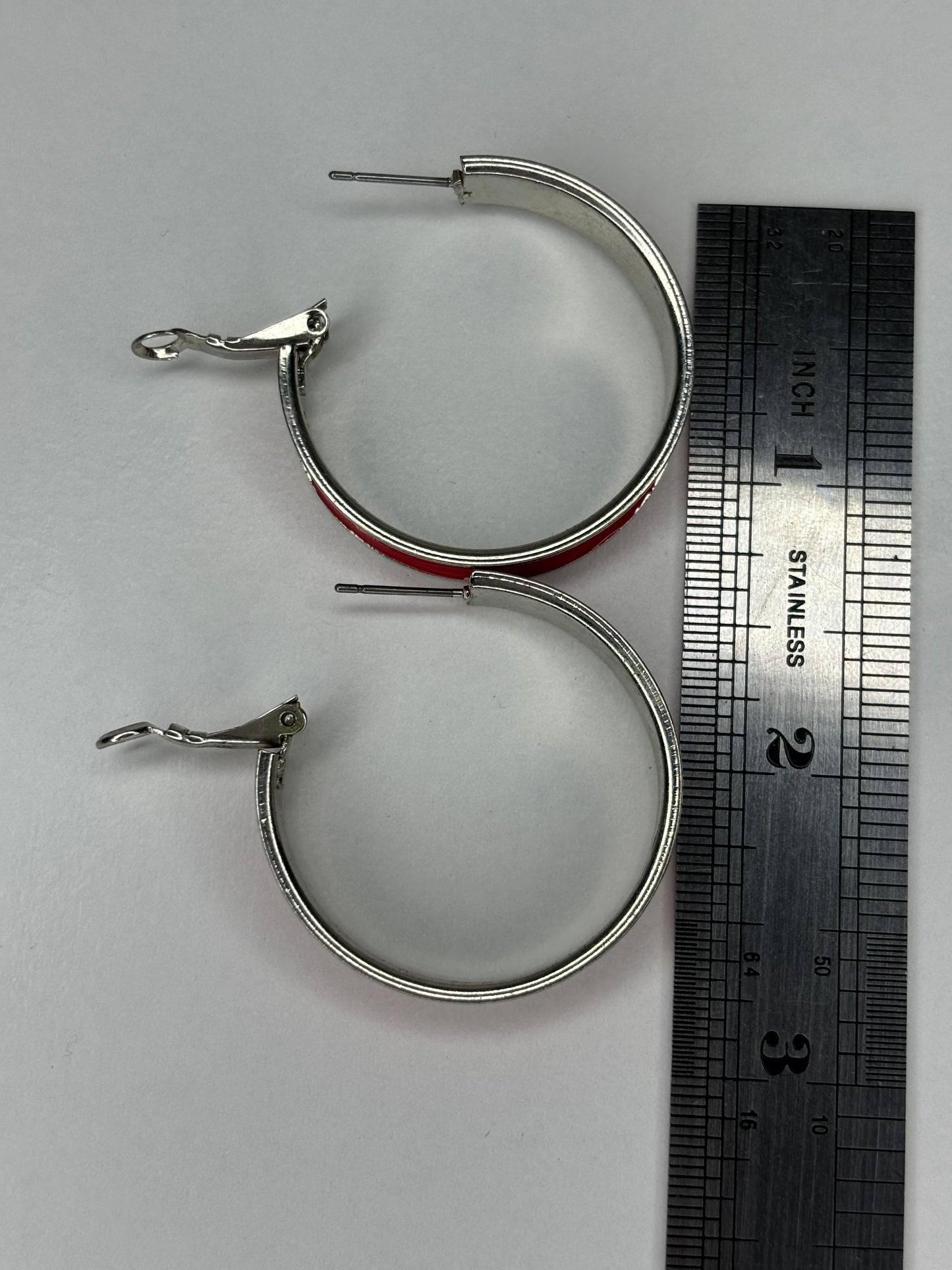 Red 1.5” Hoop Silver Tone Earrings