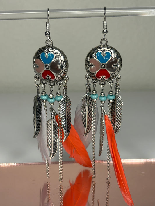 Long 4” Silver Tone and Feather Earrings