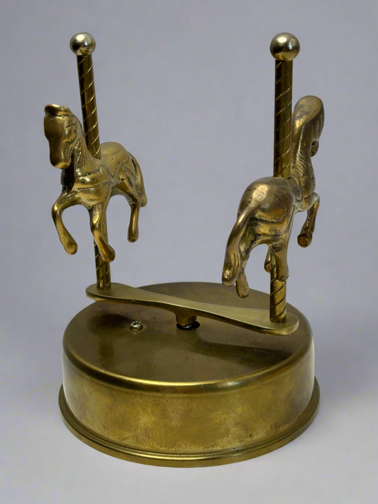 1950s-70s Vintage Brass Musical Merry Go Round Horse Carousel Music Box