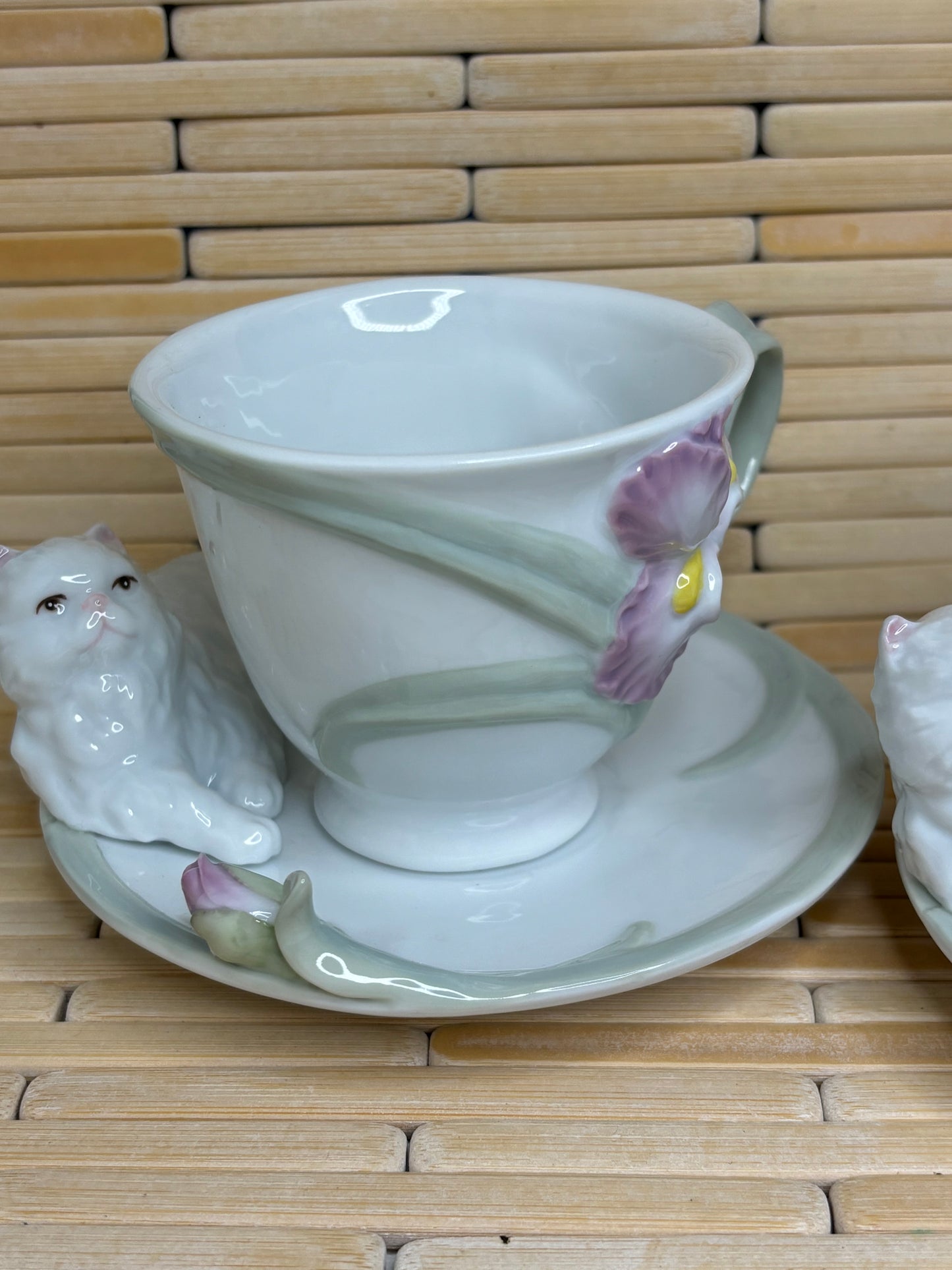 Set of Persian Cat with Iris Flower Tea Cups Ceramic