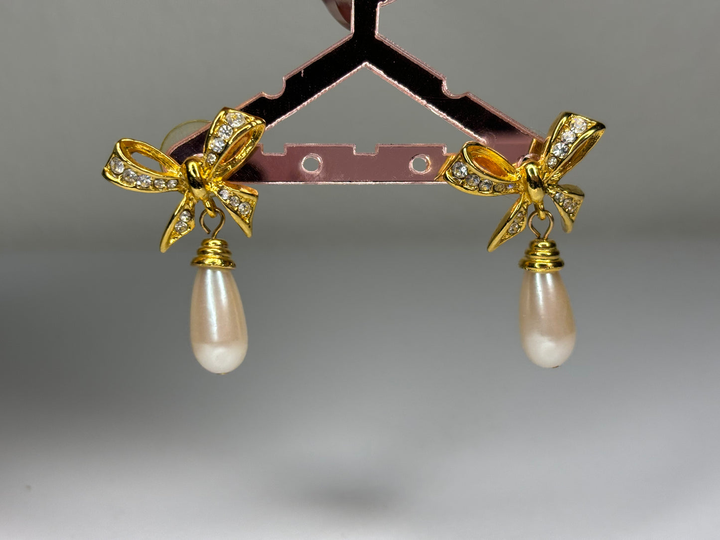 Gold Tone Bow and Pearl Earrings