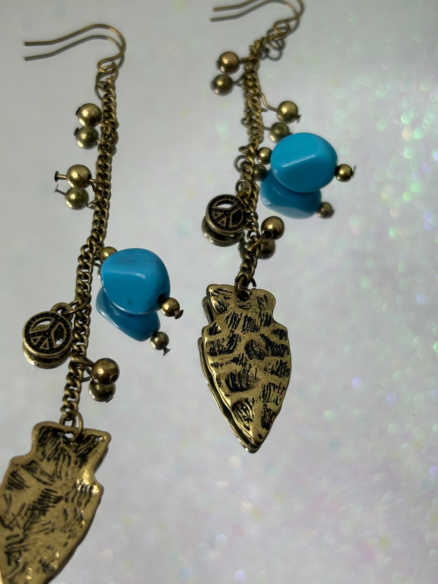 A051 Gold Tone Turquoise and Feather Earrings