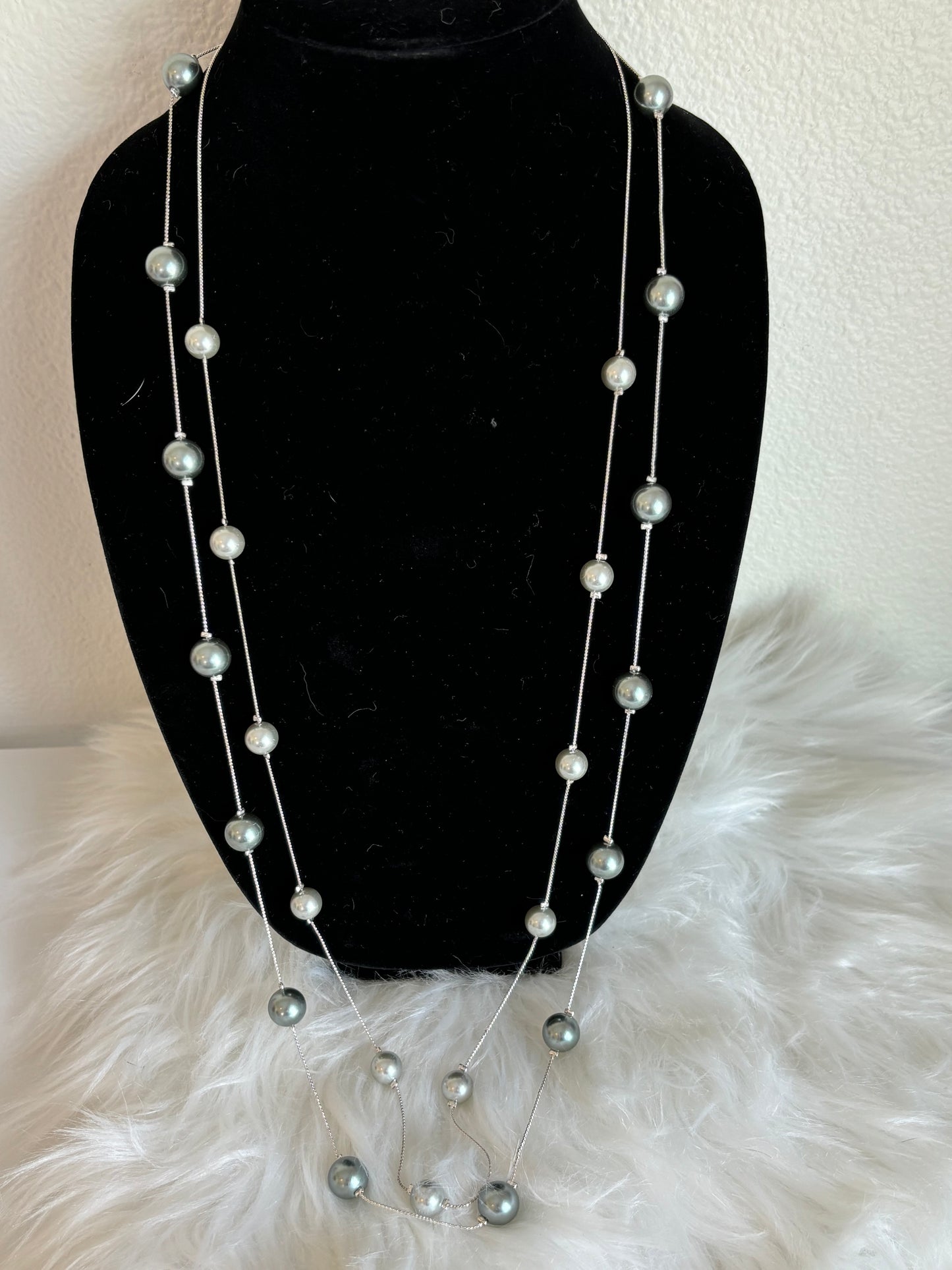 #0121 RMN (Signed) 36” Grey/Blue Dual Layered Faux Pearl Necklace