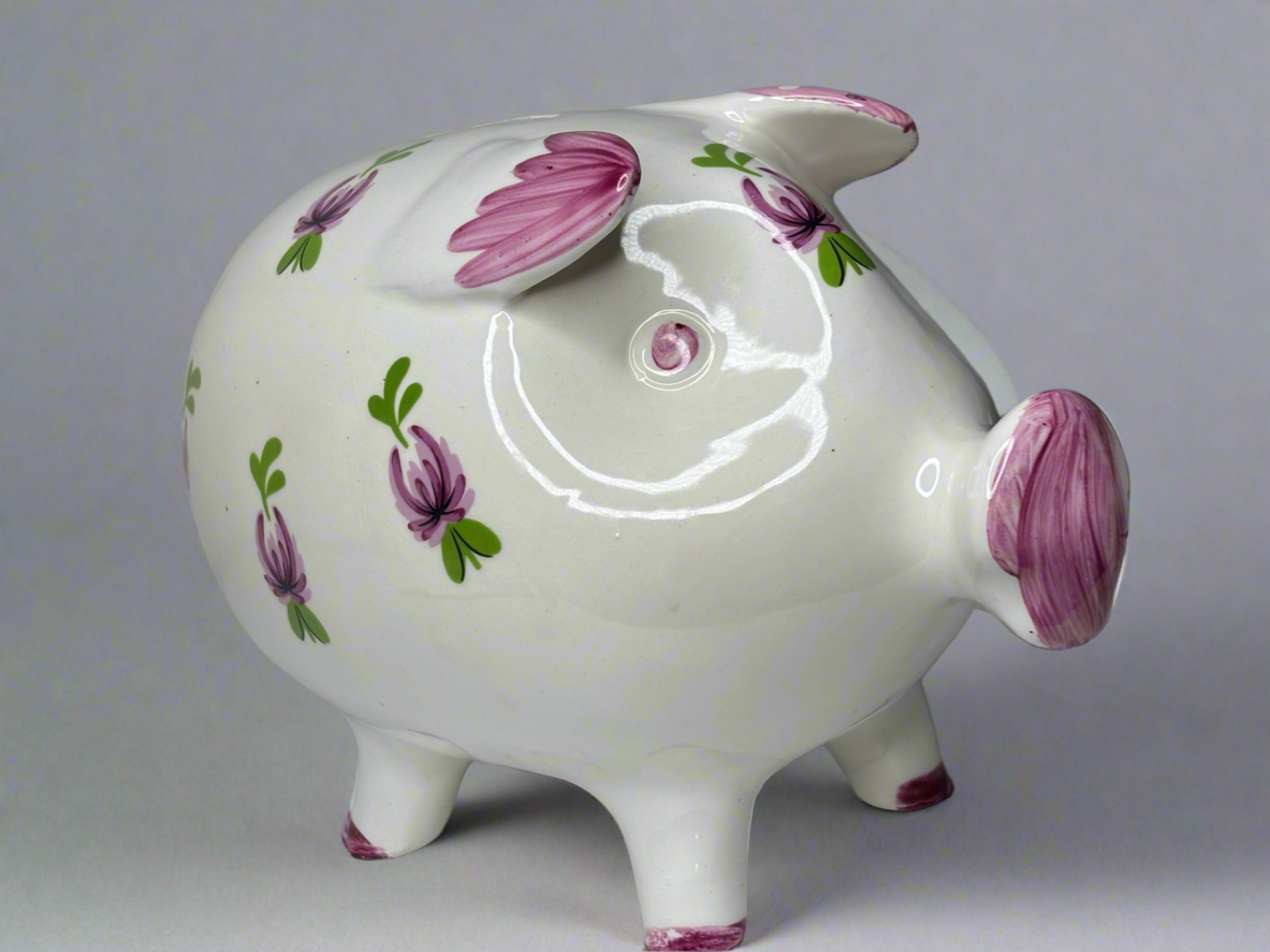 Vintage Ceramic Piggy Bank Hand Painted Pink Flowers