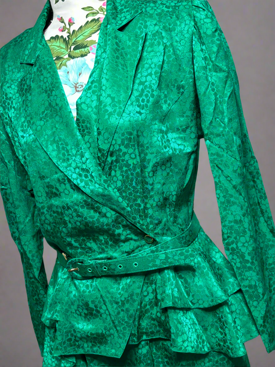 C008 80's Vintage 3pc Bright Green Silk Skirt Suit with Matching Belt by Argenti Size 12