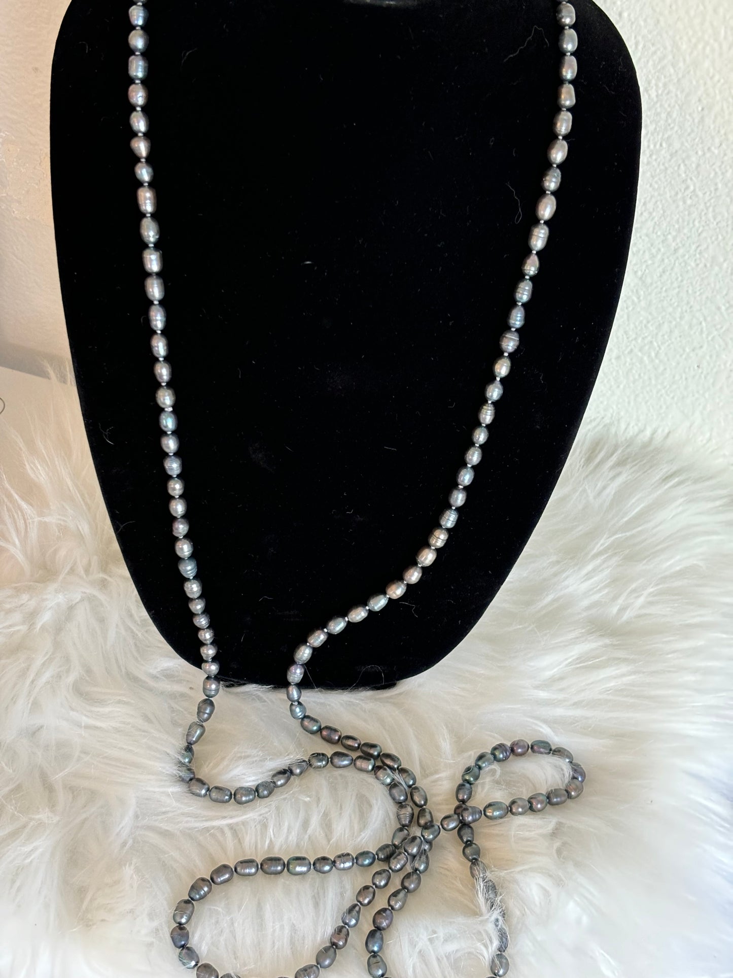 #0052 62” Grey/Black Genuine Potato Pearls Necklace Long