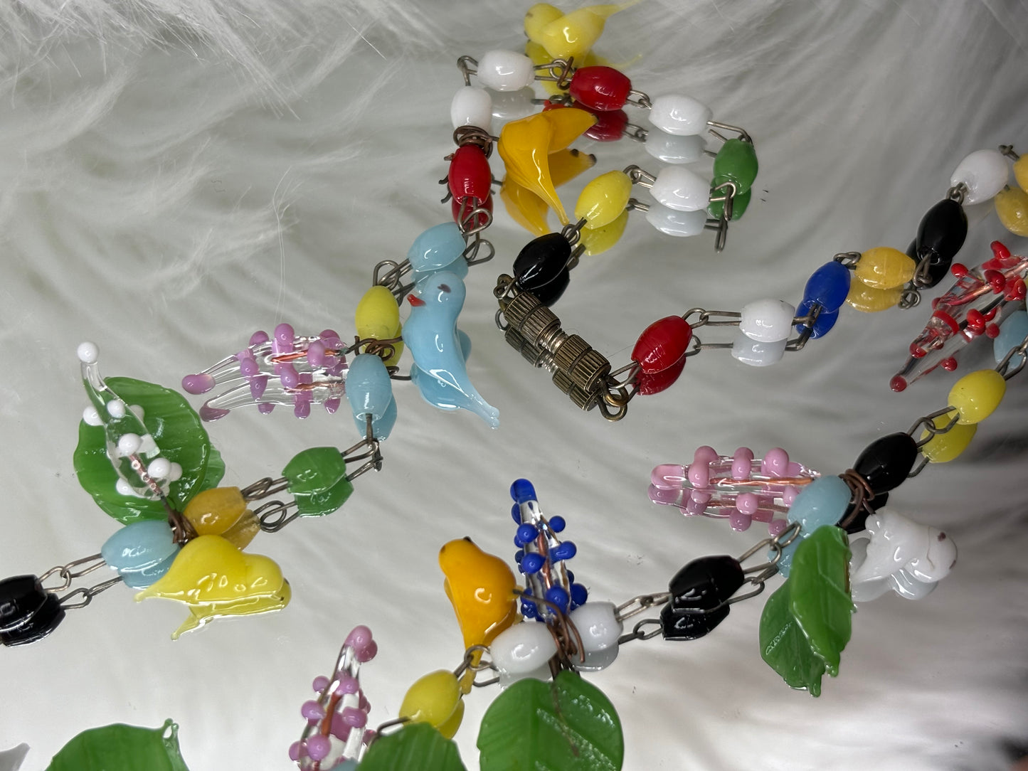 A142 Vintage Murano Glass Colorful Birds - Leaves - and Blossoms Necklace c1930s