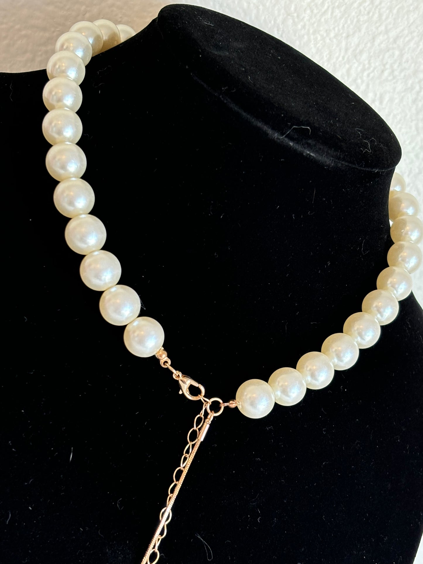 #0106 Faux Pearl Necklace with Long Gold Chain Drop on Back