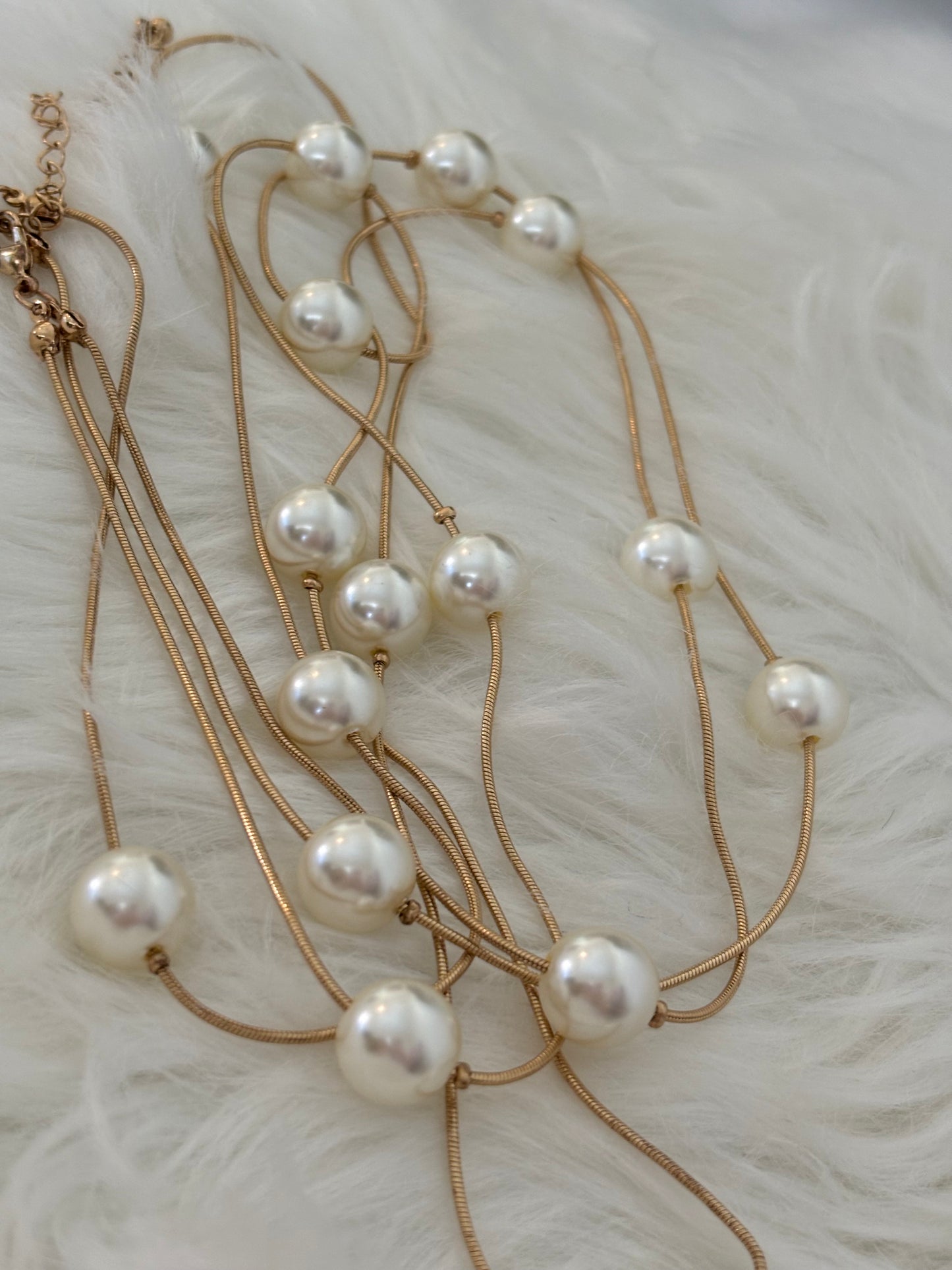 #0002 36” Gold Tones Pearl Two Layered Necklace