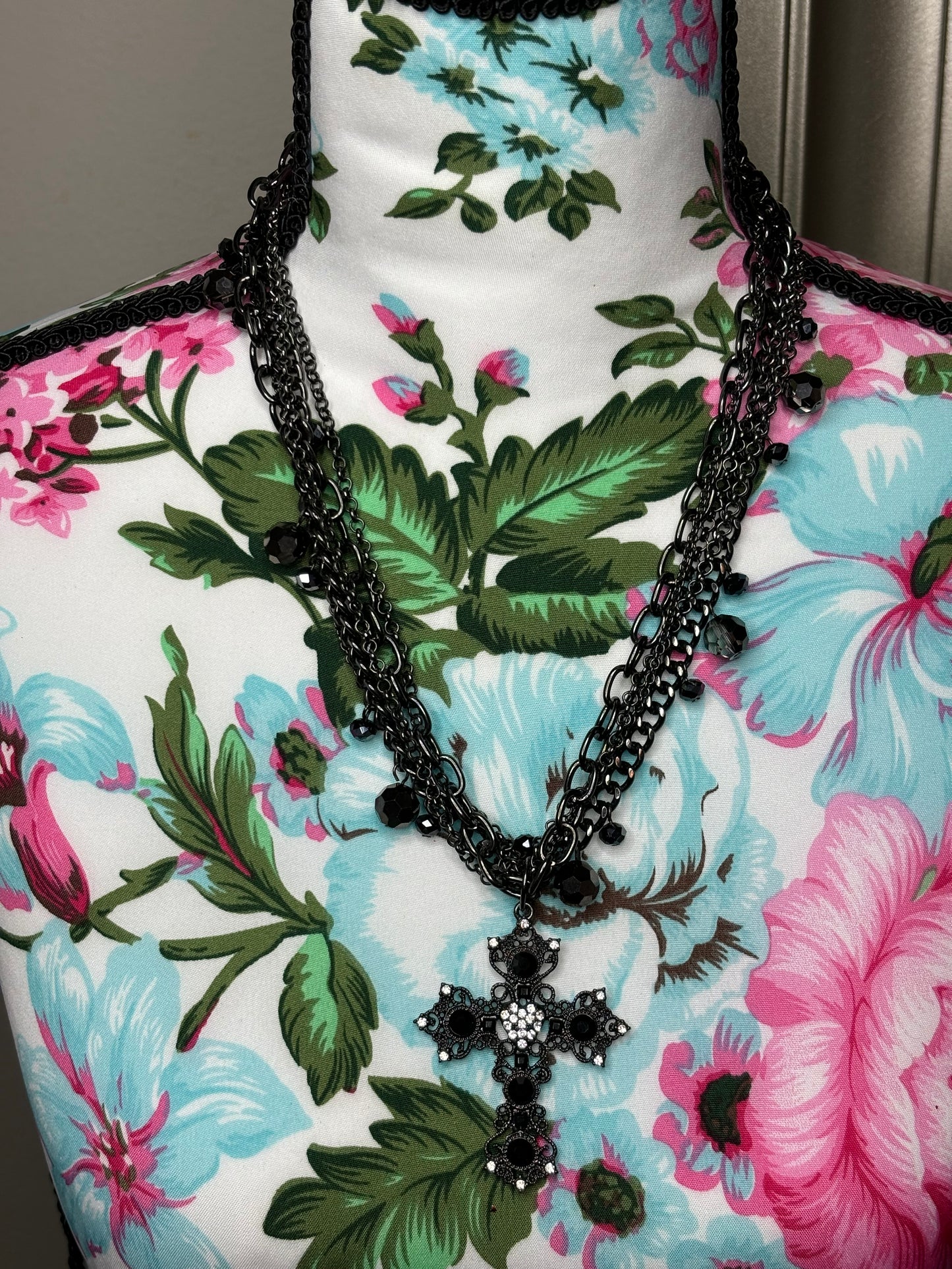 A174 Black Multi Chain and Cross Necklace 18”