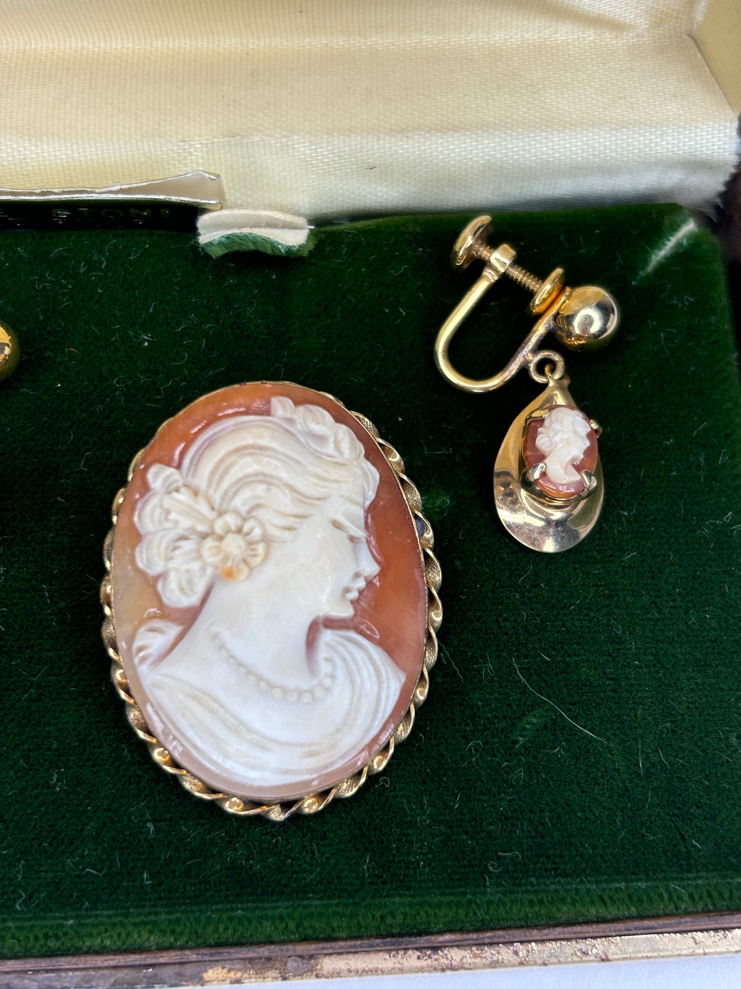 Vintage Tru Kay Genuine Stone & 10k Gold Filled Cameo Brooch and Earrings