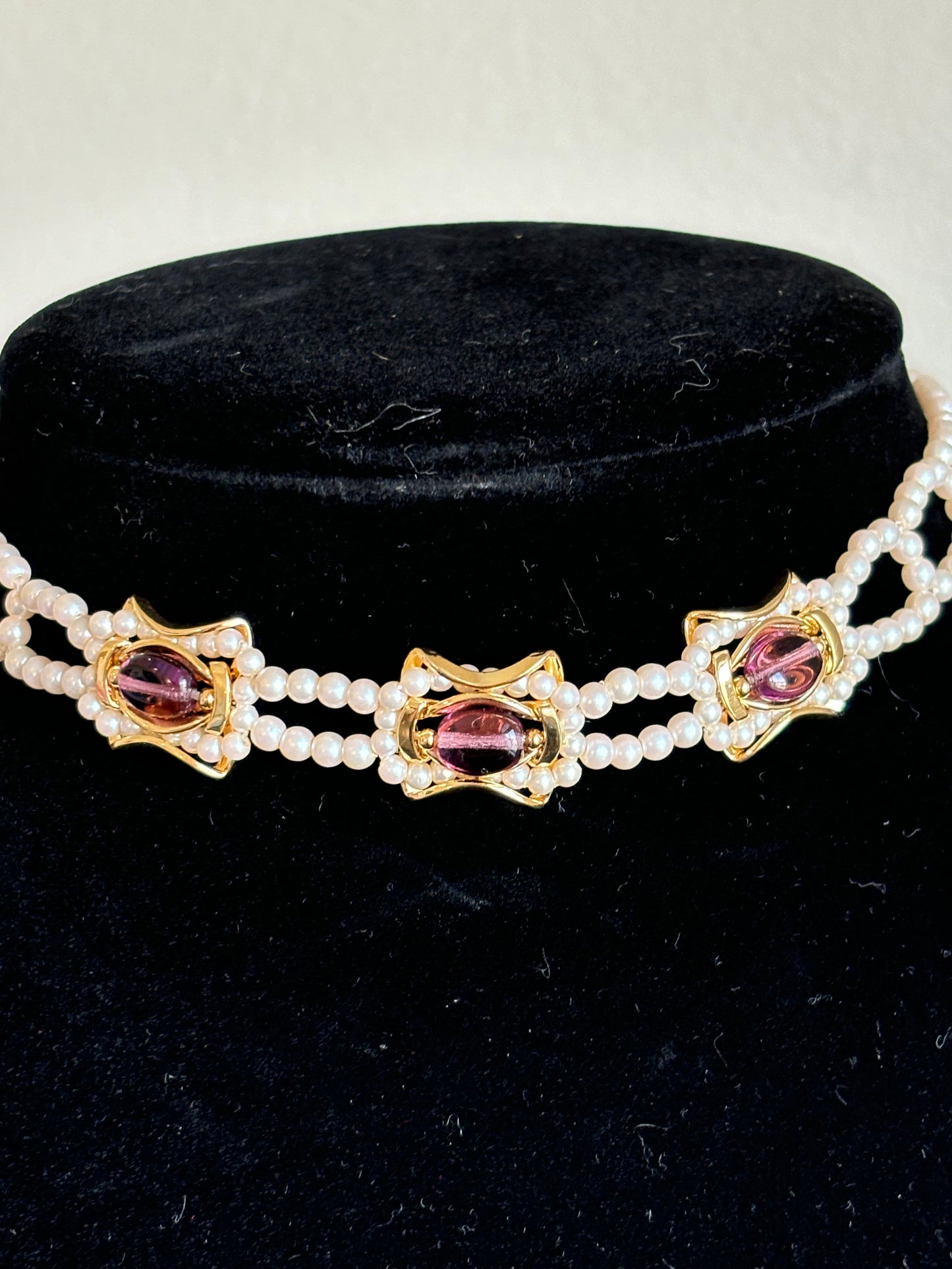 #0013 Gold Toned and Pearl Choker with Purple Glass Beads