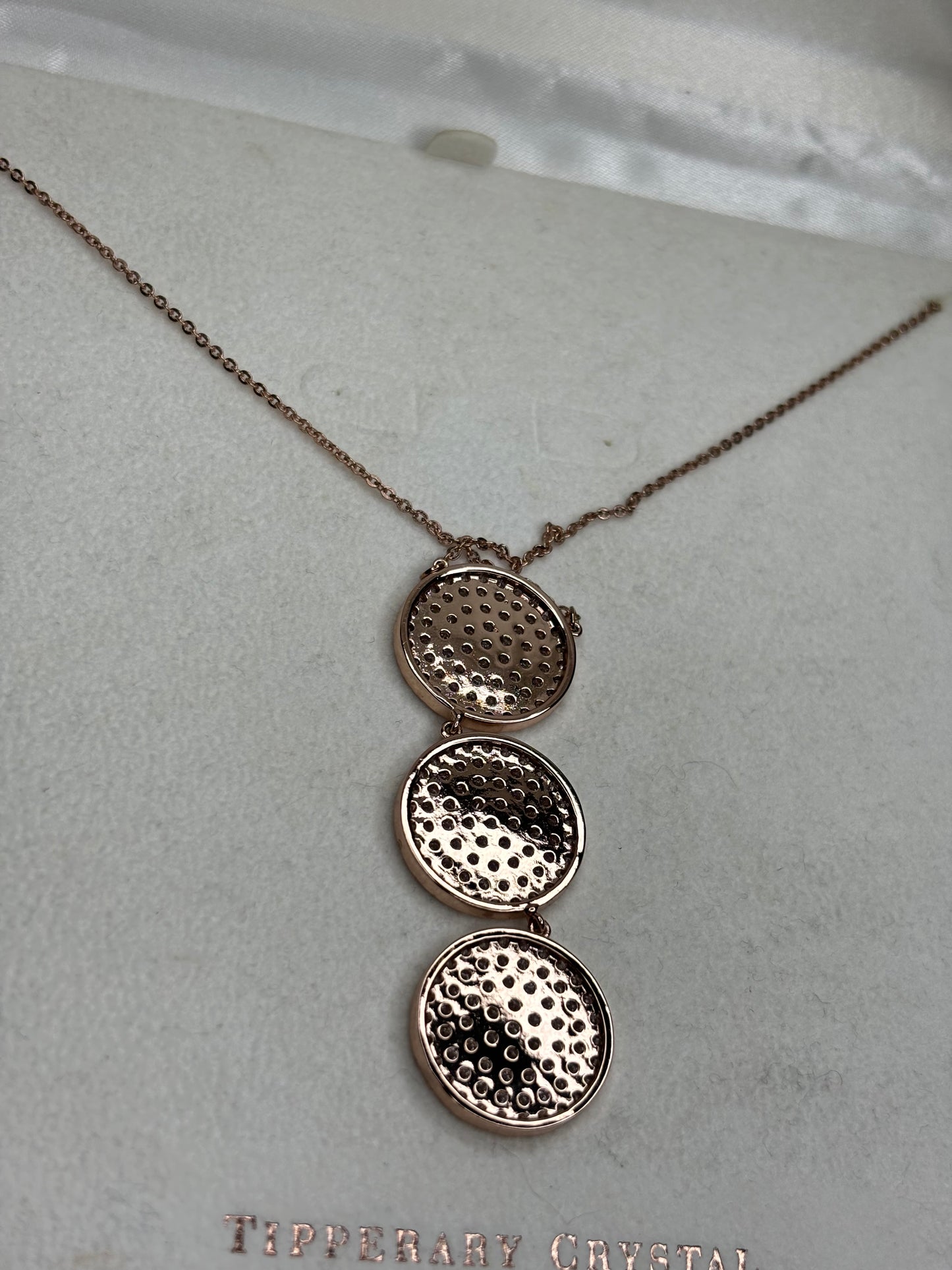 Tipperary Crystal Rose Gold Three Pave Circles Necklace with Original Box