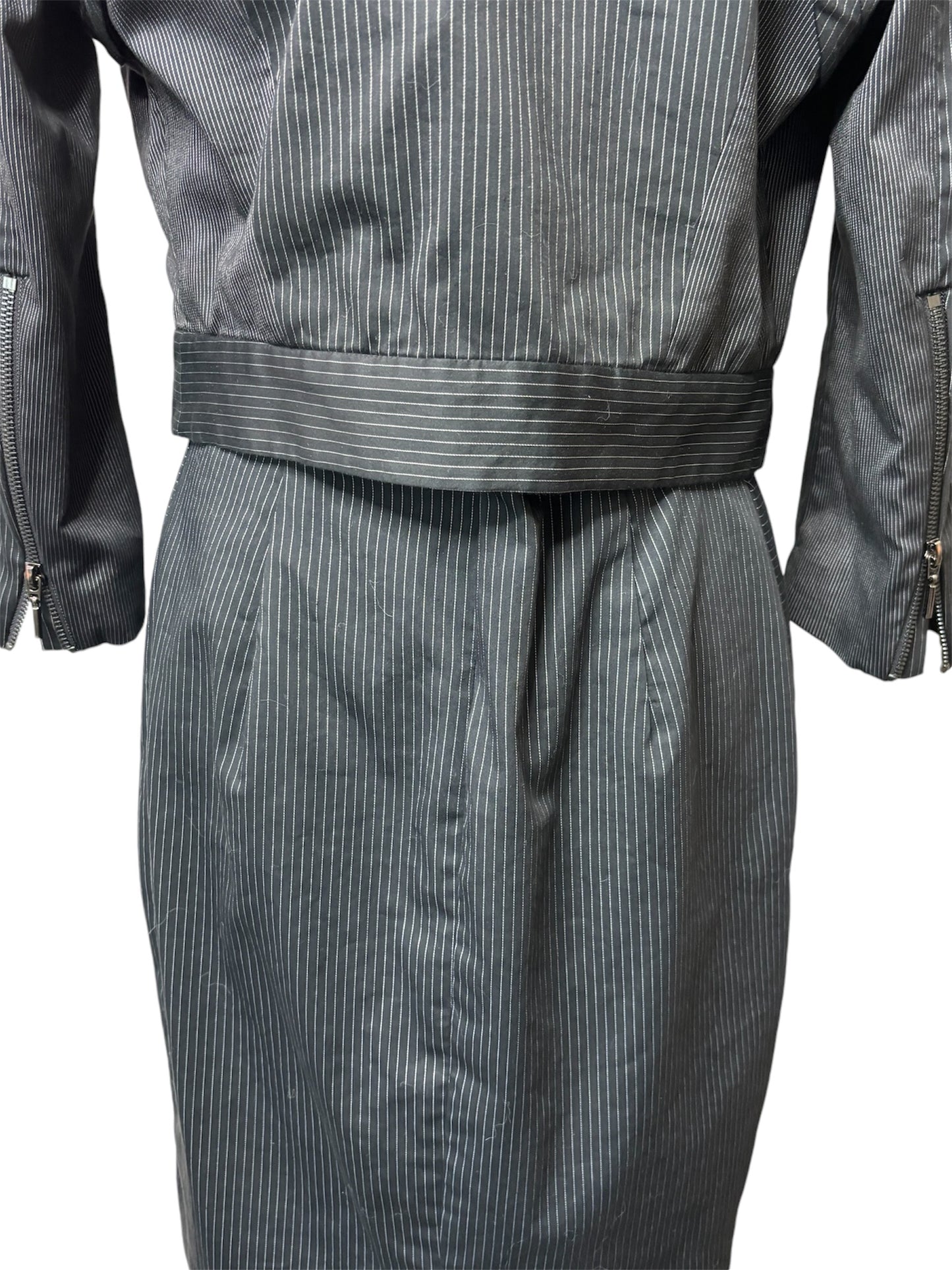 C016 Vintage Bebe Pinstripe Dress and Jacket Set Sz 10