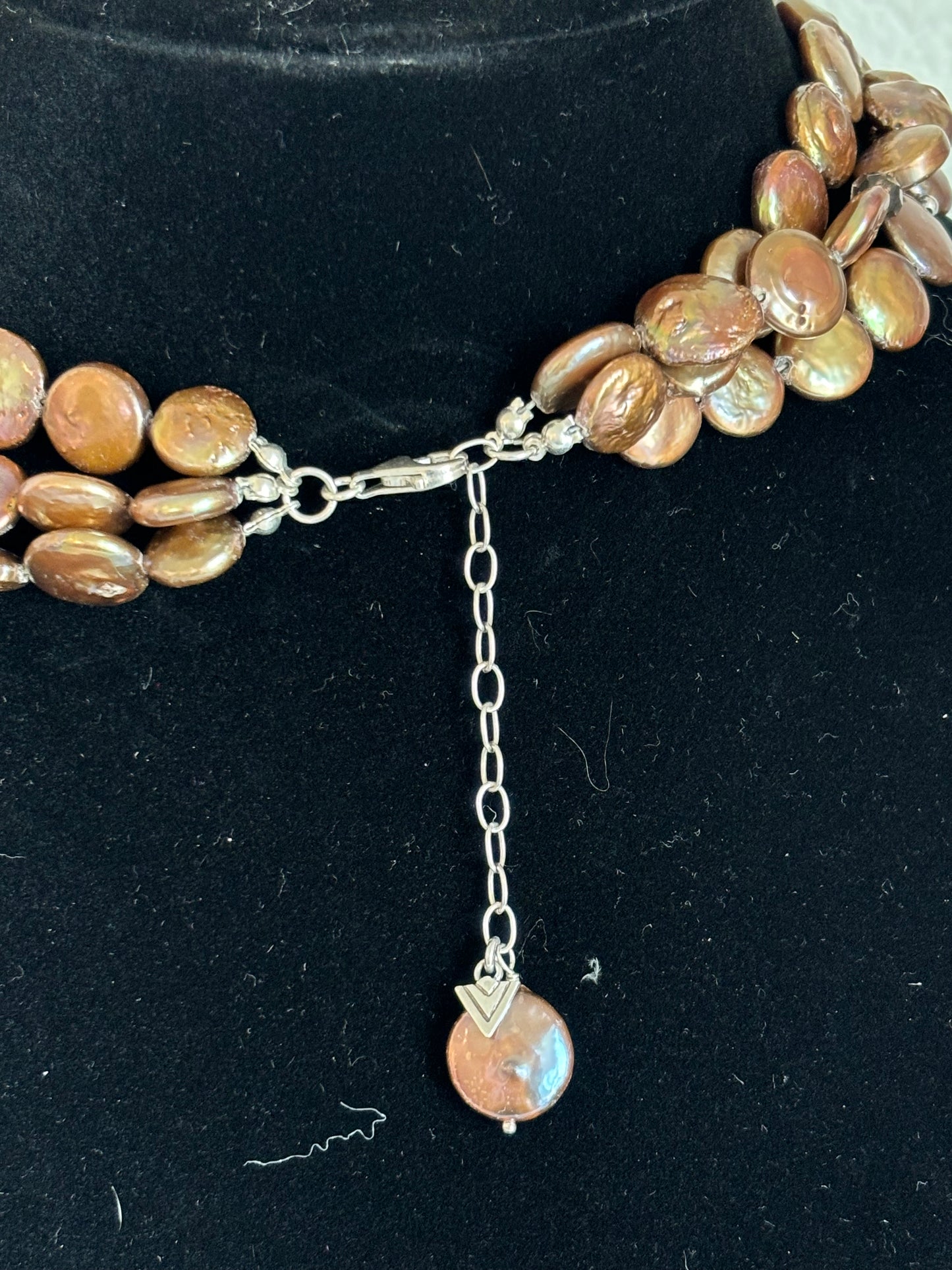 #0032 Silpada Sterling Silver 925 Copper Coin Pearl Three Strands Necklace