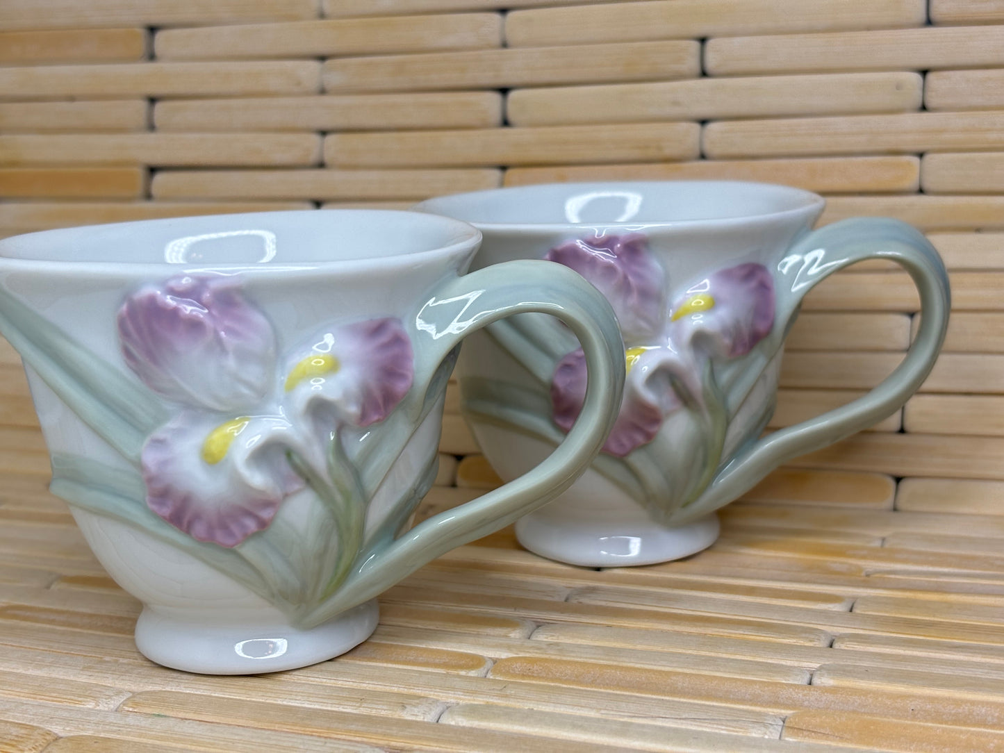 Set of Persian Cat with Iris Flower Tea Cups Ceramic