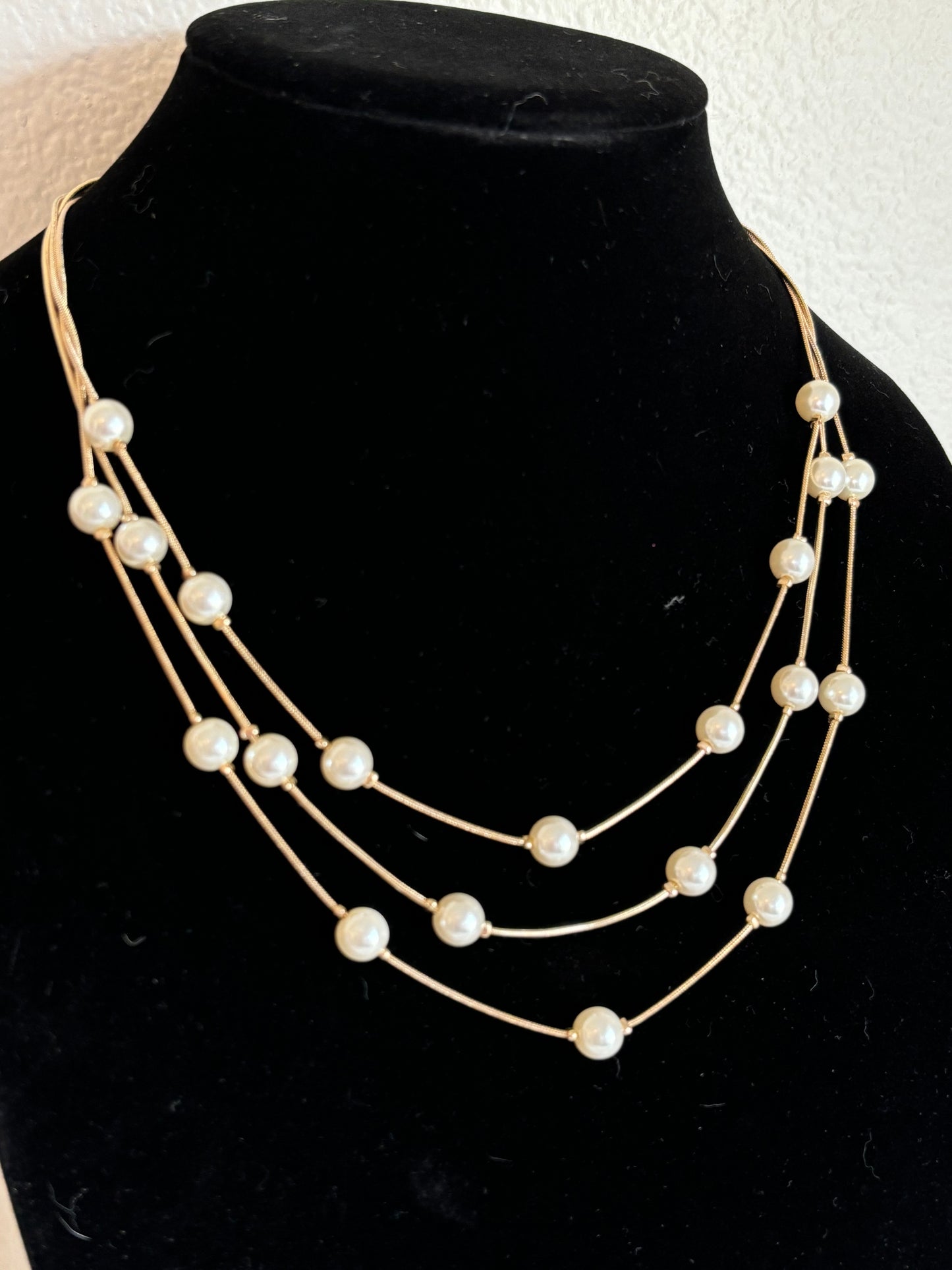 #0084 Elegant Gold Tone and Pearl Multi-Layer Necklace