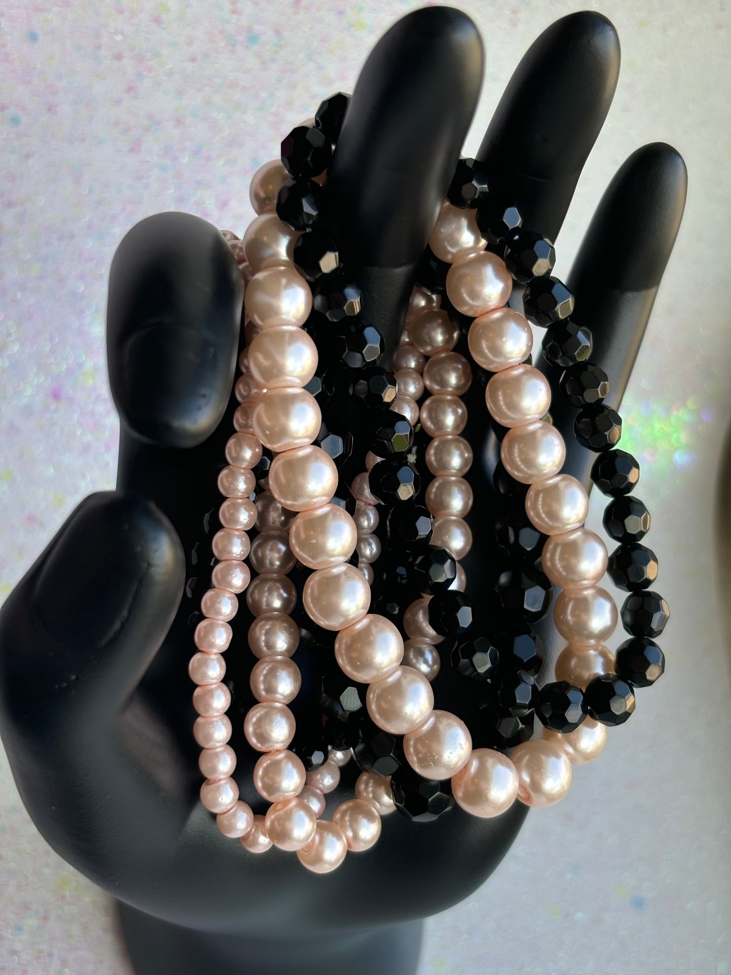 #0072 Stack of Black & Pink Pearls/Beads