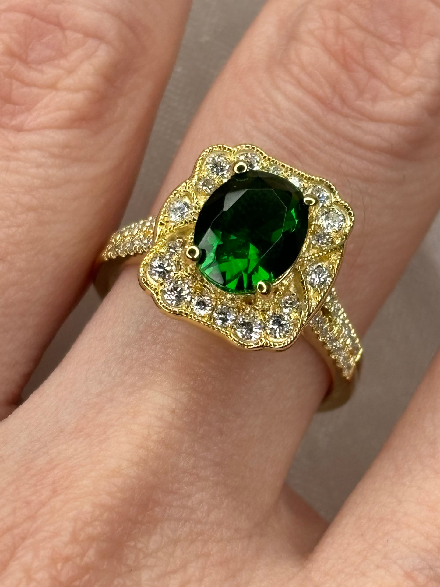 Sterling Silver w/Gold Overlay 2.07 ct Lab Emerald & Diamond Ring Sz 7