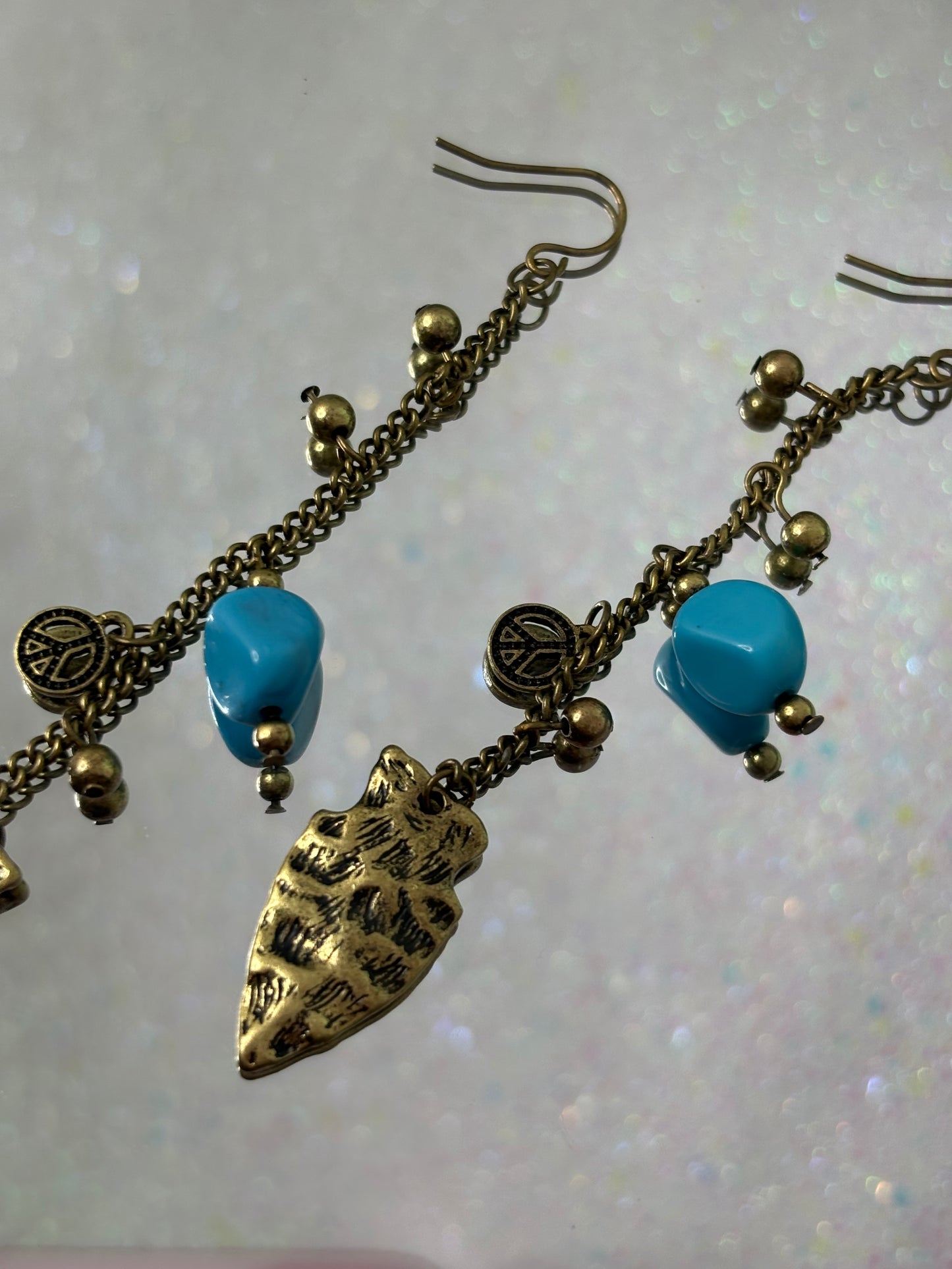 A051 Gold Tone Turquoise and Feather Earrings