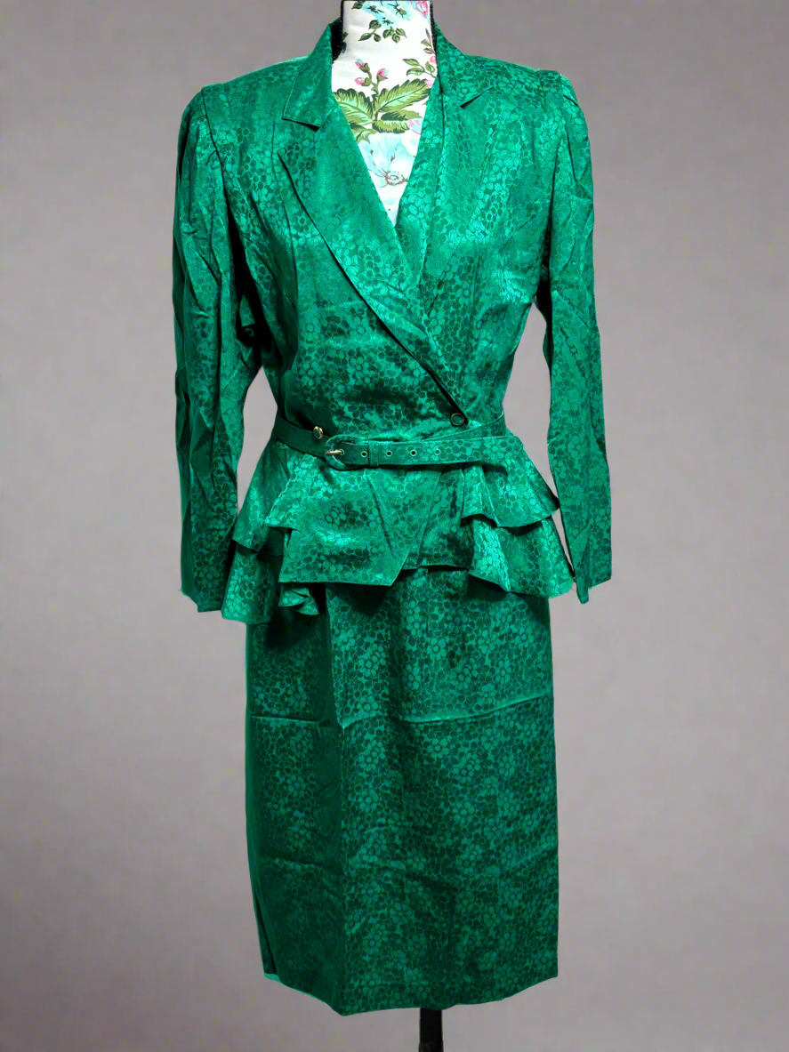 C008 80's Vintage 3pc Bright Green Silk Skirt Suit with Matching Belt by Argenti Size 12