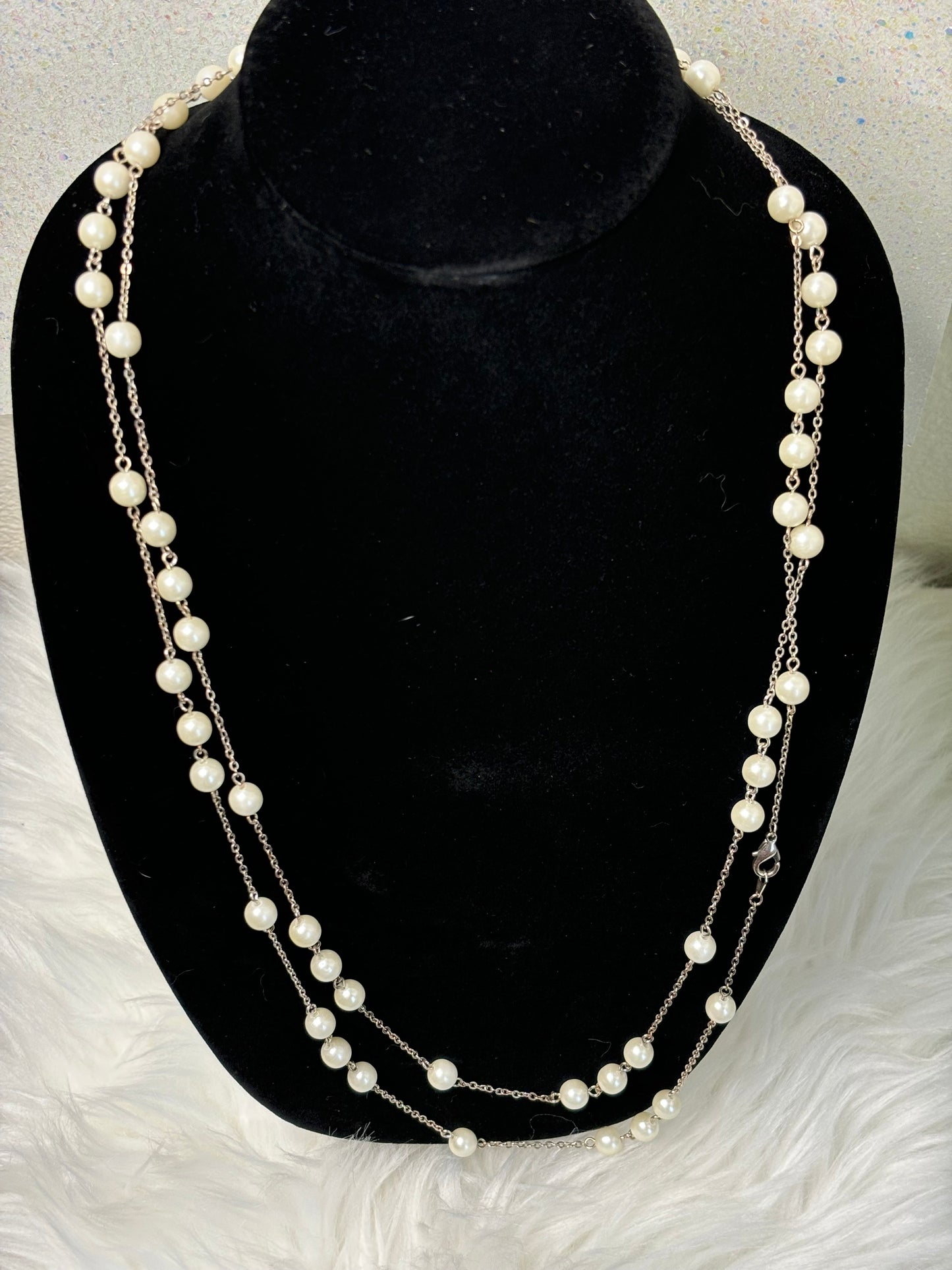 #0117 31” Silver Toned Faux Pearl Necklace