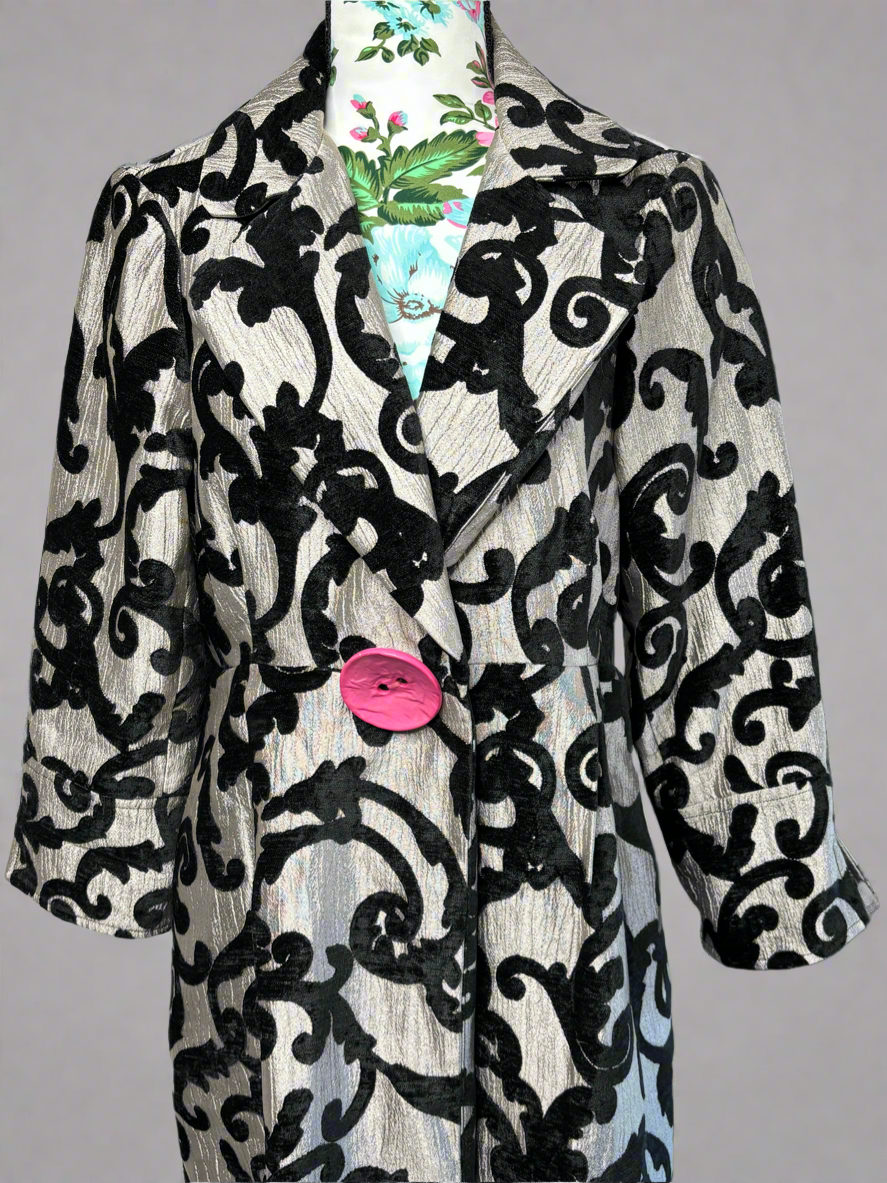 Three Sisters Black & Silver Jacket with Large Statement Pink Button Sz M