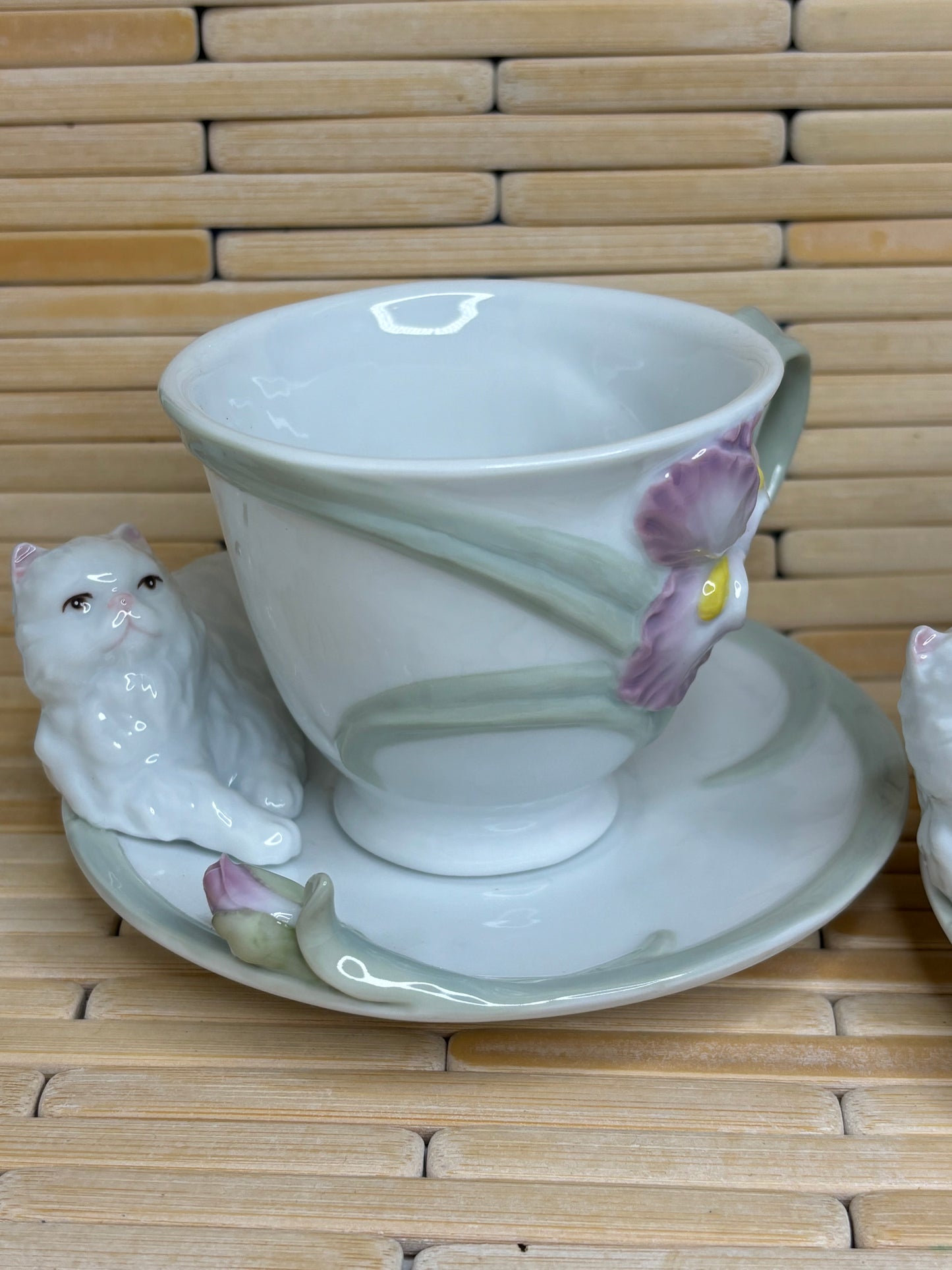 Set of Persian Cat with Iris Flower Tea Cups Ceramic