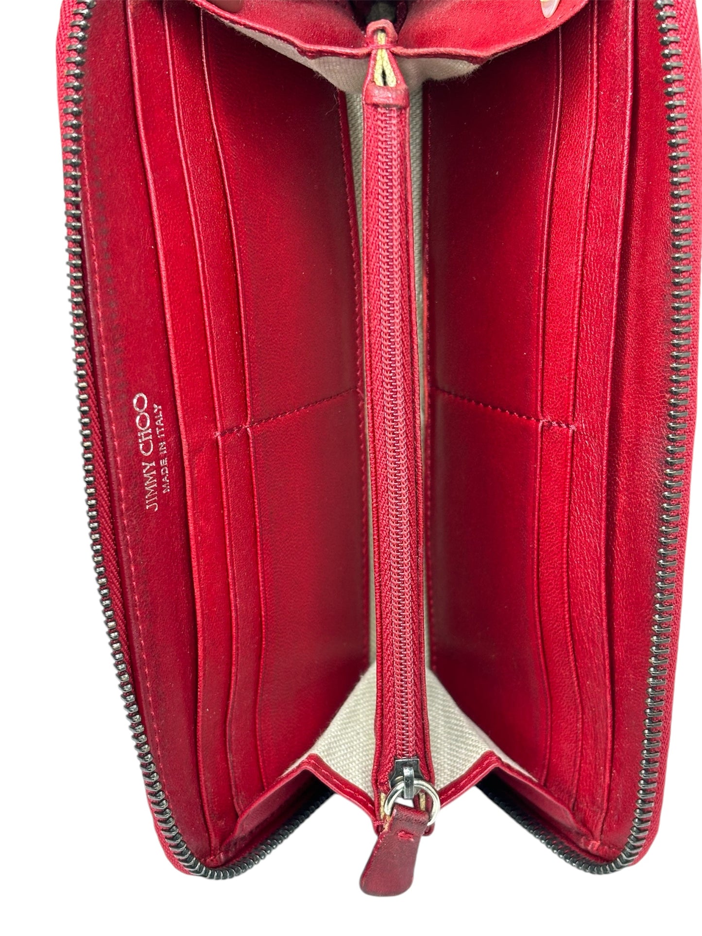 Authentic Jimmy Choo Rebel collection, mid-2010s Red Star-Studded Leather Zip-Around Wallet