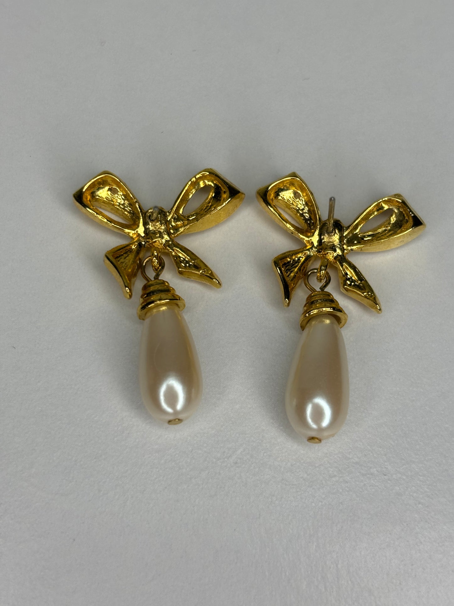 Gold Tone Bow and Pearl Earrings