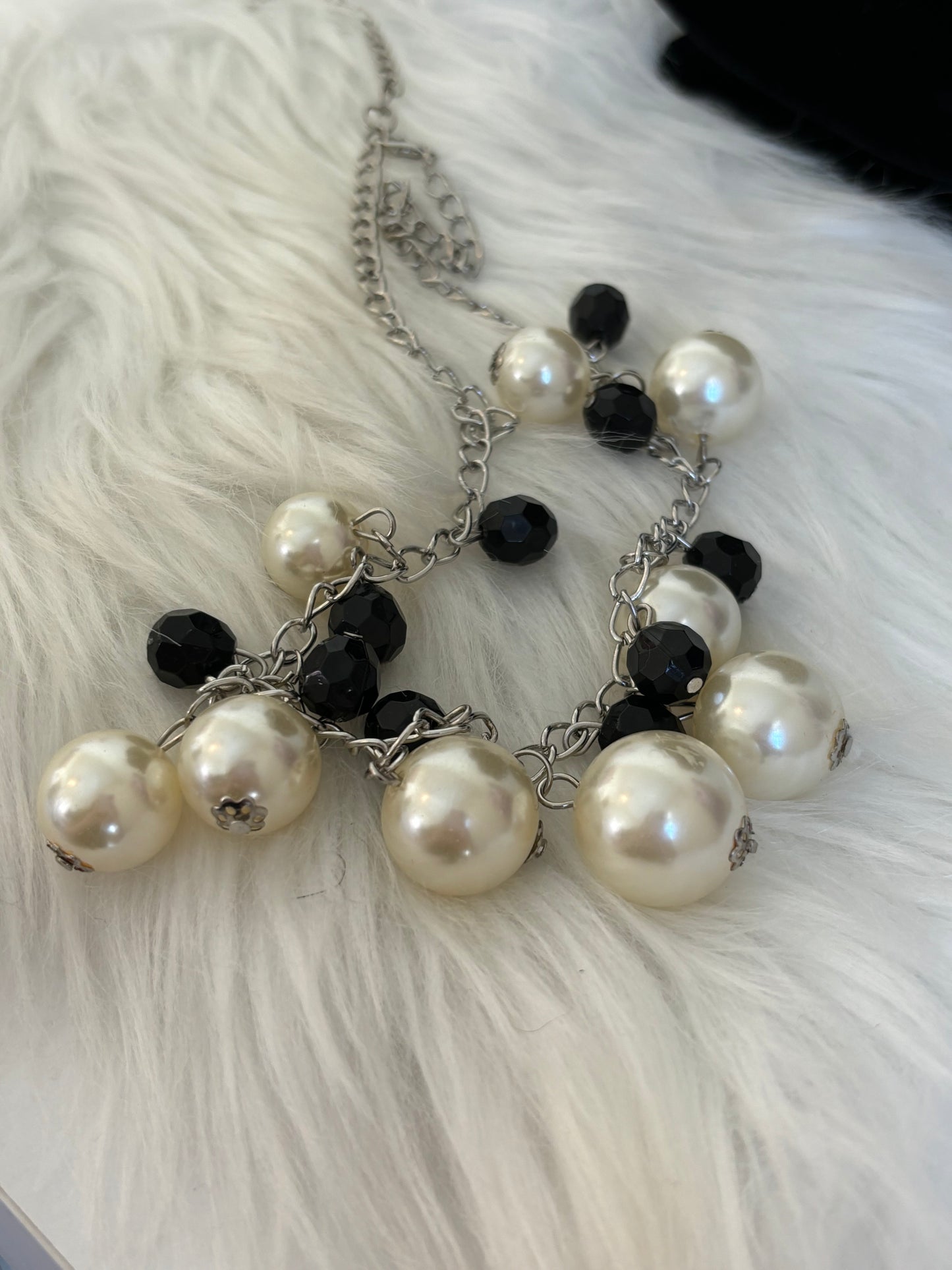 #0078 Silver Toned with Pearls and Black Beads Necklace