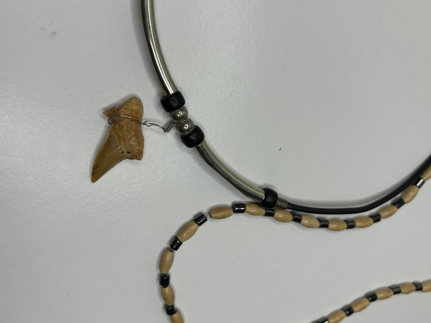 Set of Shark Tooth & Wood Beaded Necklace 16”